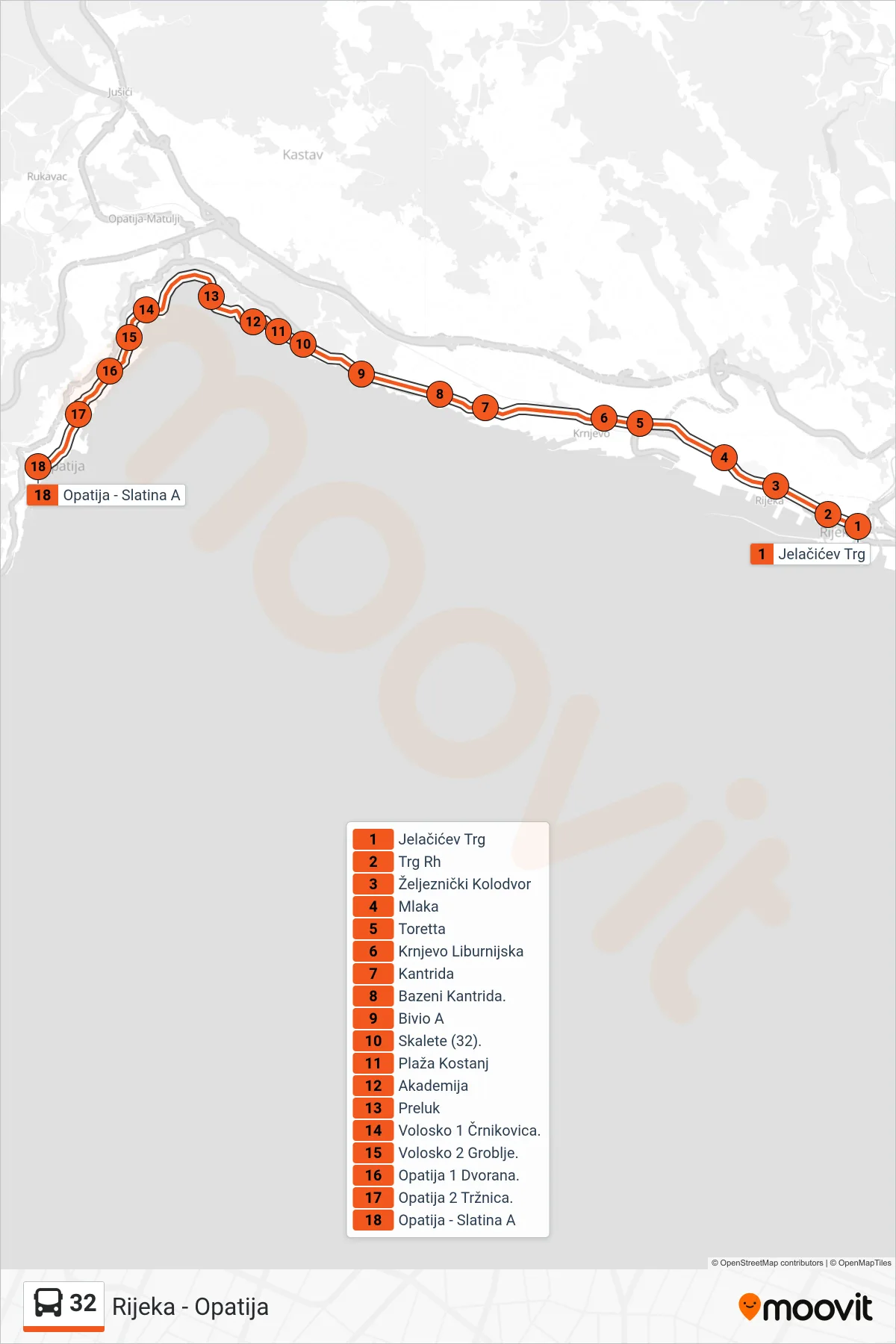 Linija 32 autobus, (Rijeka - Opatija) – ruta i stanice na karti