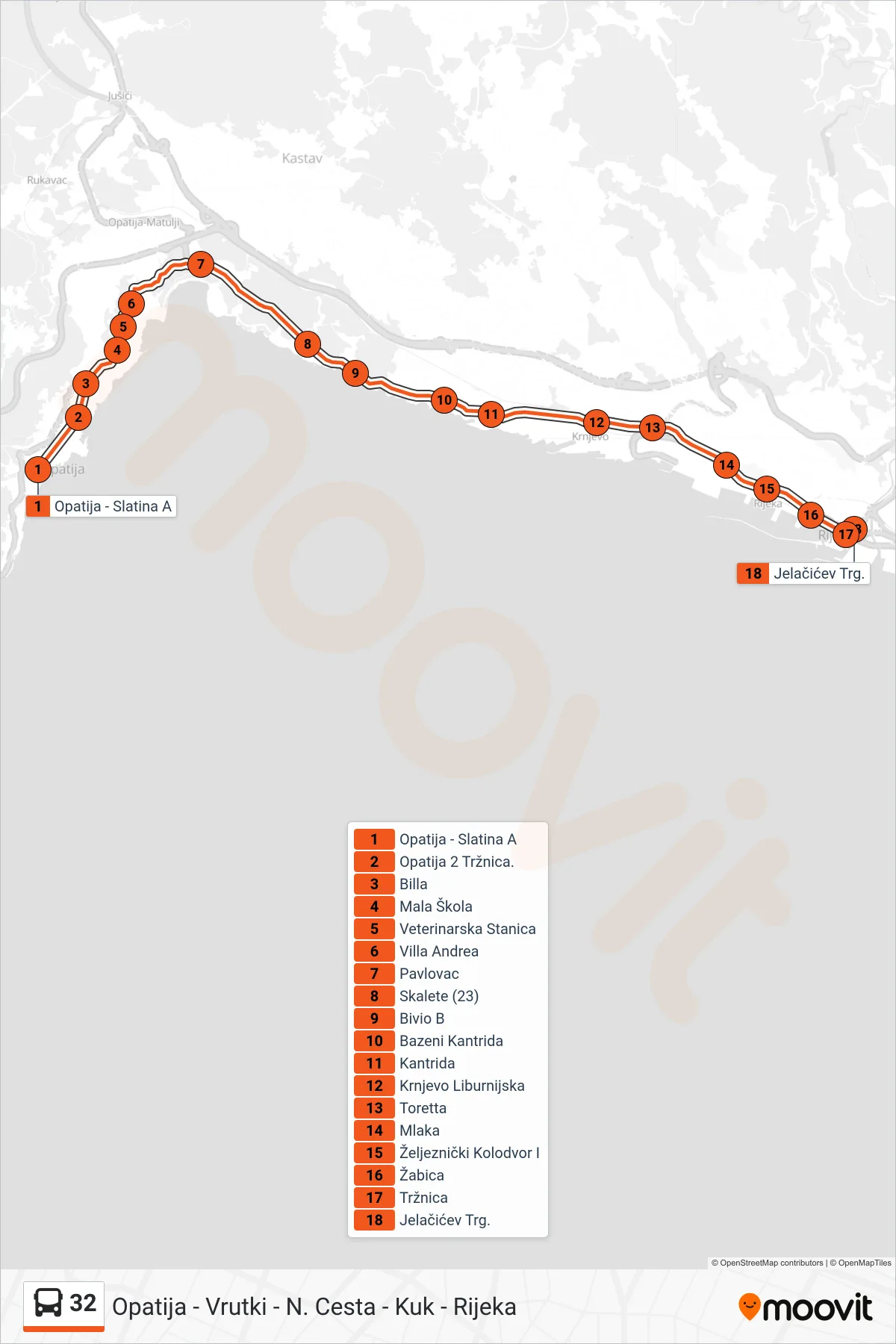 Linija 32 autobus, (Opatija - Vrutki - N. Cesta - Kuk - Rijeka) – ruta i stanice na karti