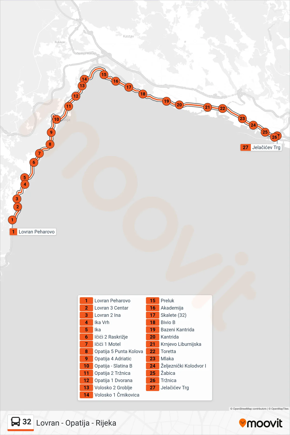 Linija 32 autobus, (Lovran - Opatija - Rijeka) – ruta i stanice na karti