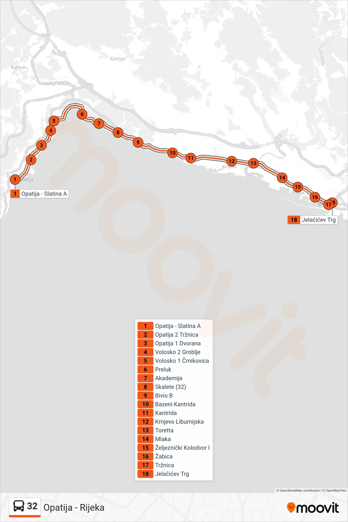 Linija 32 autobus, (Opatija - Rijeka) – ruta i stanice na karti