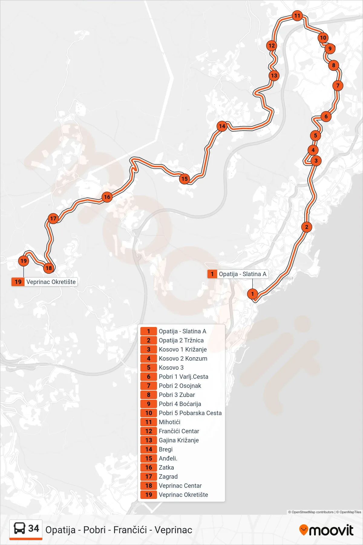 Linija 34 autobus, (Opatija - Pobri - Frančići - Veprinac) – ruta i stanice na karti