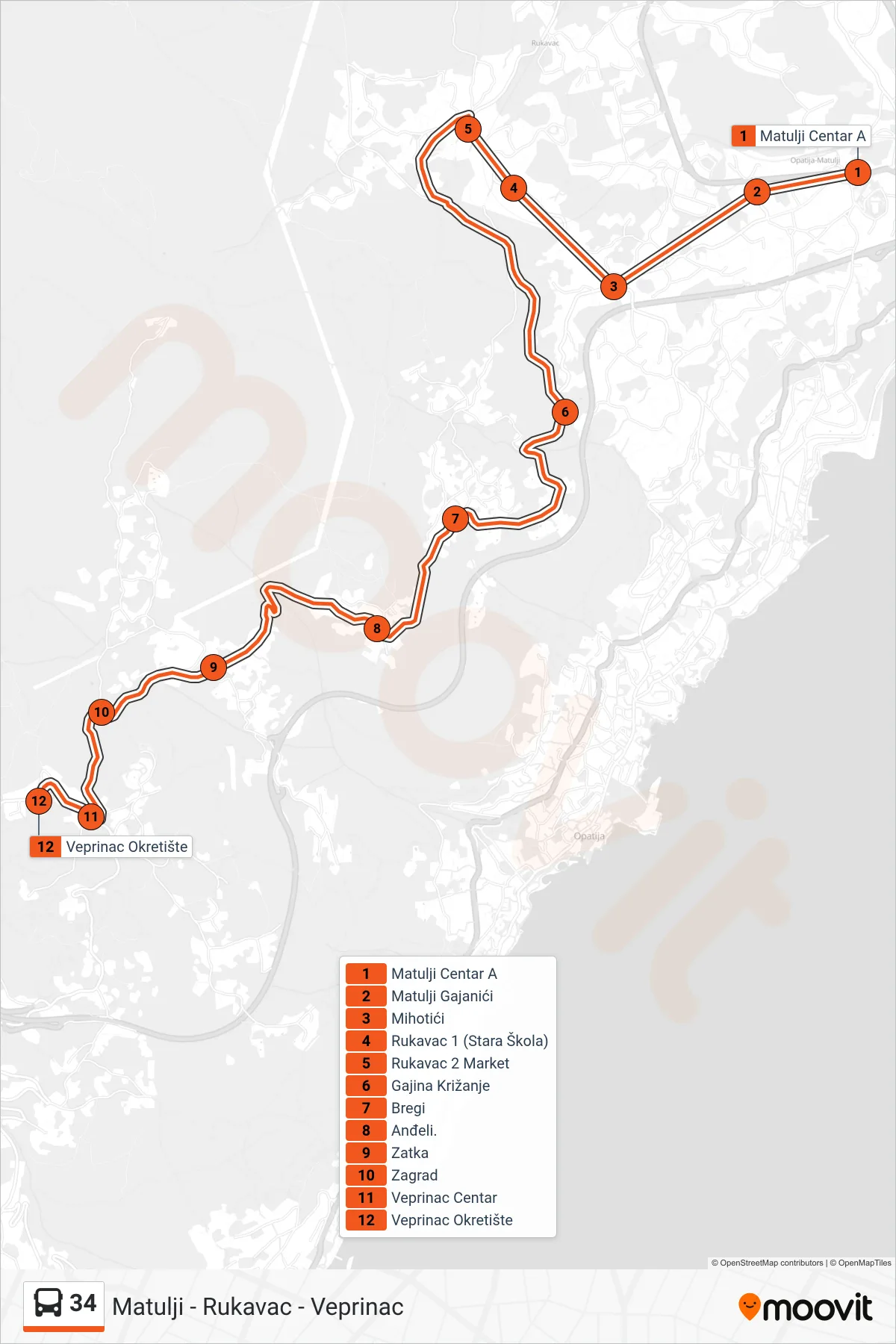 Linija 34 autobus, (Matulji - Rukavac - Veprinac) – ruta i stanice na karti