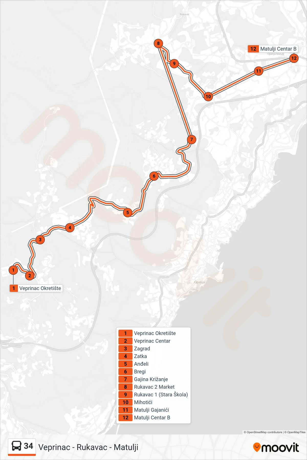 34 bus Line (Veprinac - Rukavac - Matulji) route and stops on a map