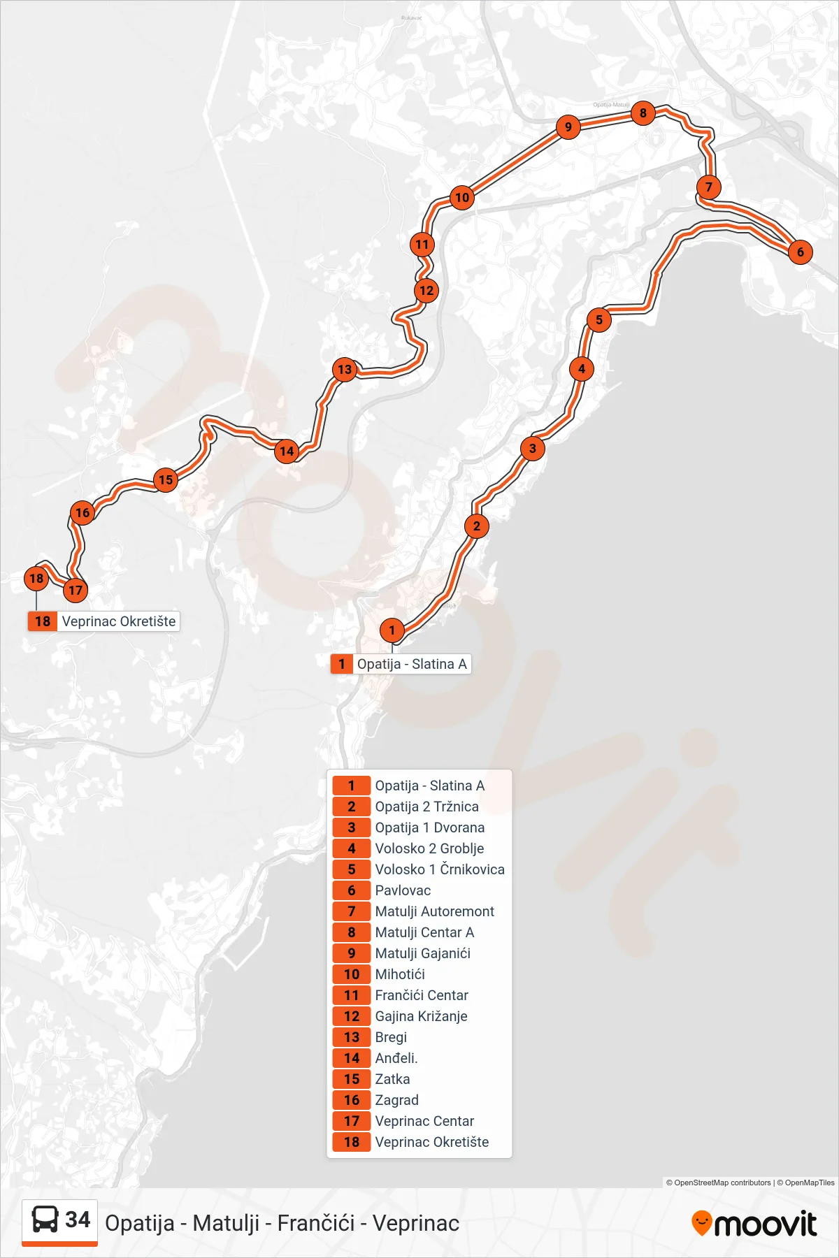Linija 34 autobus, (Opatija - Matulji - Frančići - Veprinac) – ruta i stanice na karti