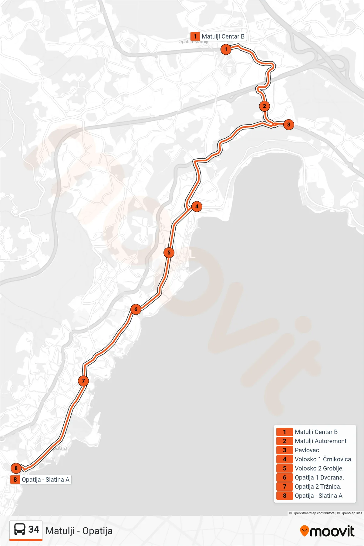 34 bus Line (Matulji - Opatija) route and stops on a map