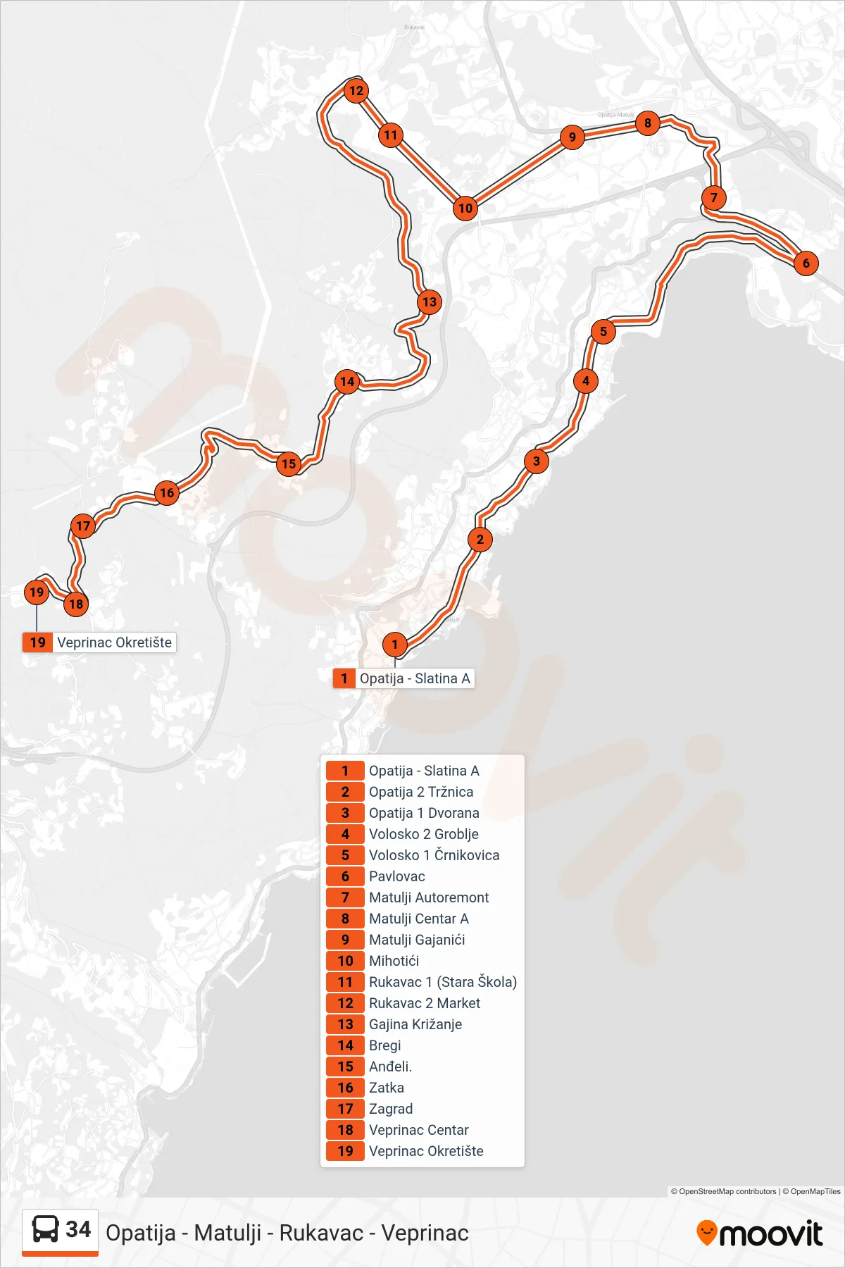 Linija 34 autobus, (Opatija - Matulji - Rukavac - Veprinac) – ruta i stanice na karti