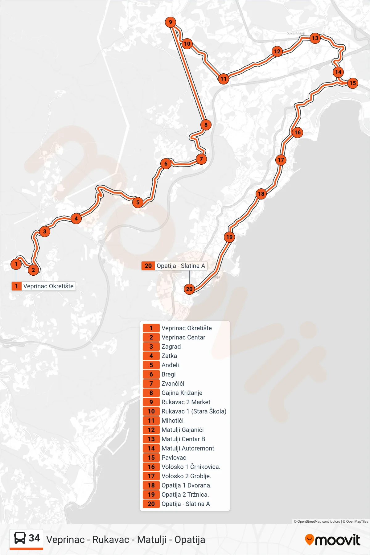 Linija 34 autobus, (Veprinac - Rukavac - Matulji - Opatija) – ruta i stanice na karti