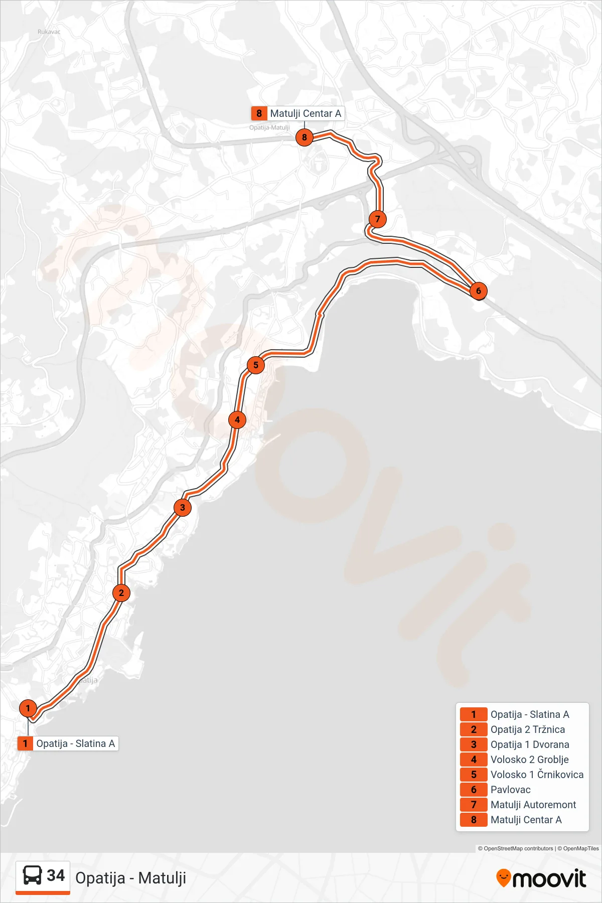 Linija 34 autobus, (Opatija - Matulji) – ruta i stanice na karti