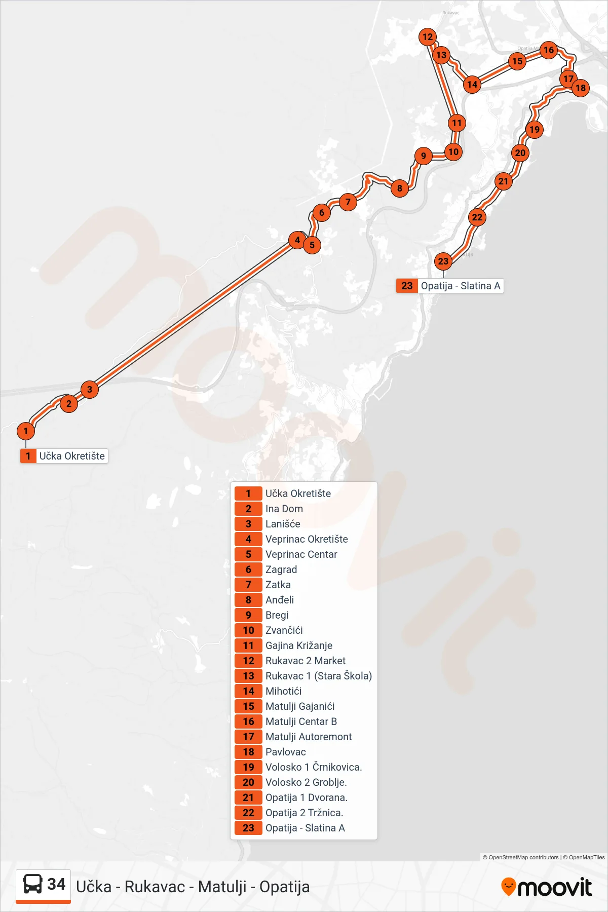 Linija 34 autobus, (Učka - Rukavac - Matulji - Opatija) – ruta i stanice na karti