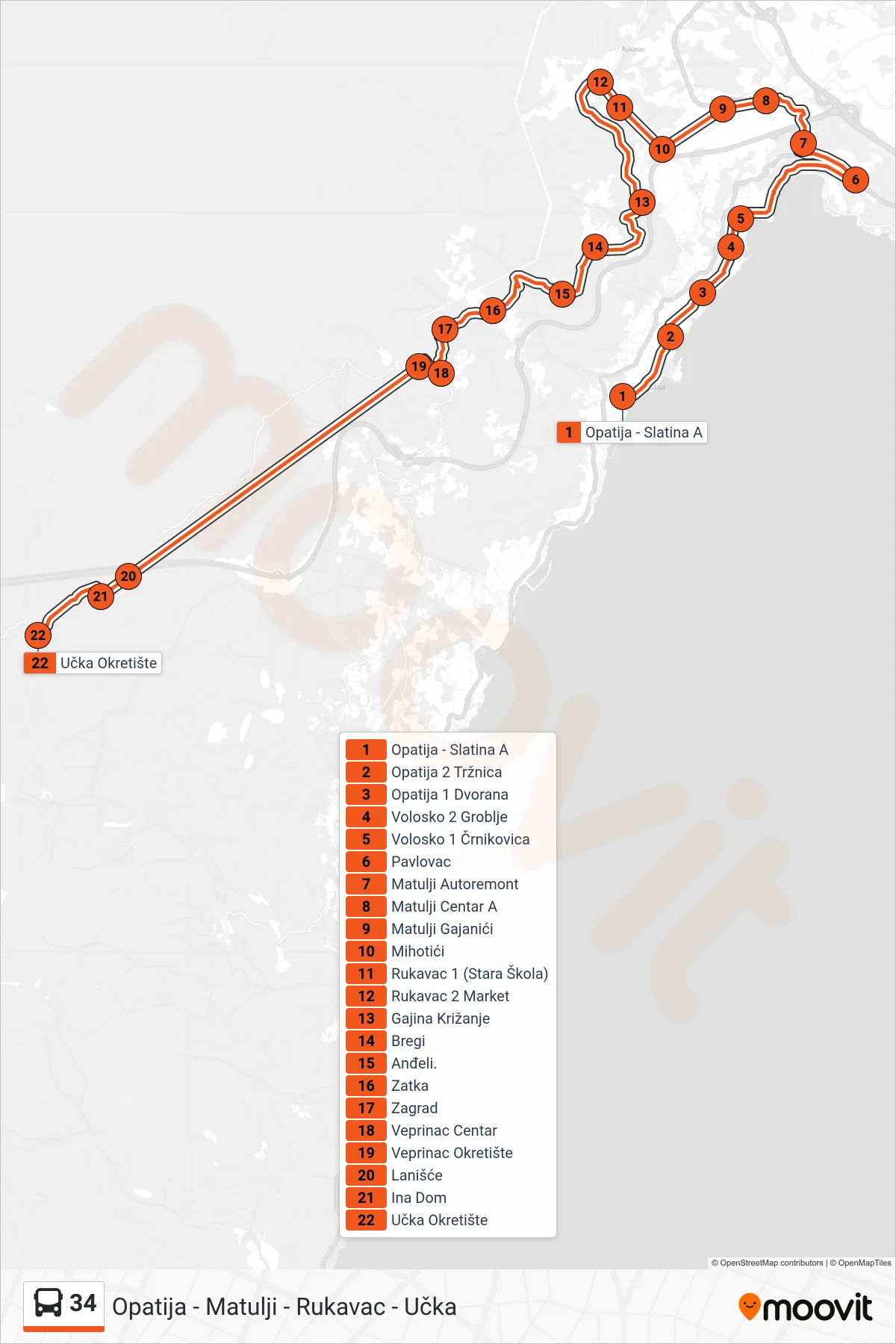 Linija 34 autobus, (Opatija - Matulji - Rukavac - Učka) – ruta i stanice na karti