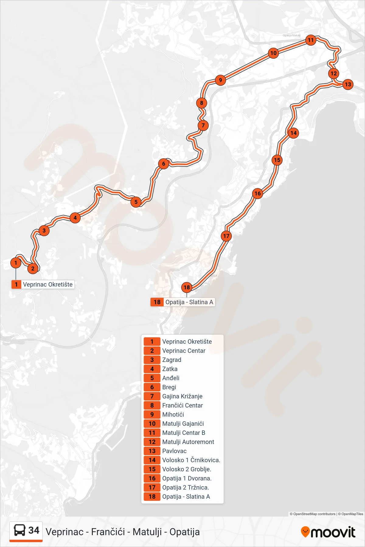34 bus Line (Veprinac - Frančići - Matulji - Opatija) route and stops on a map