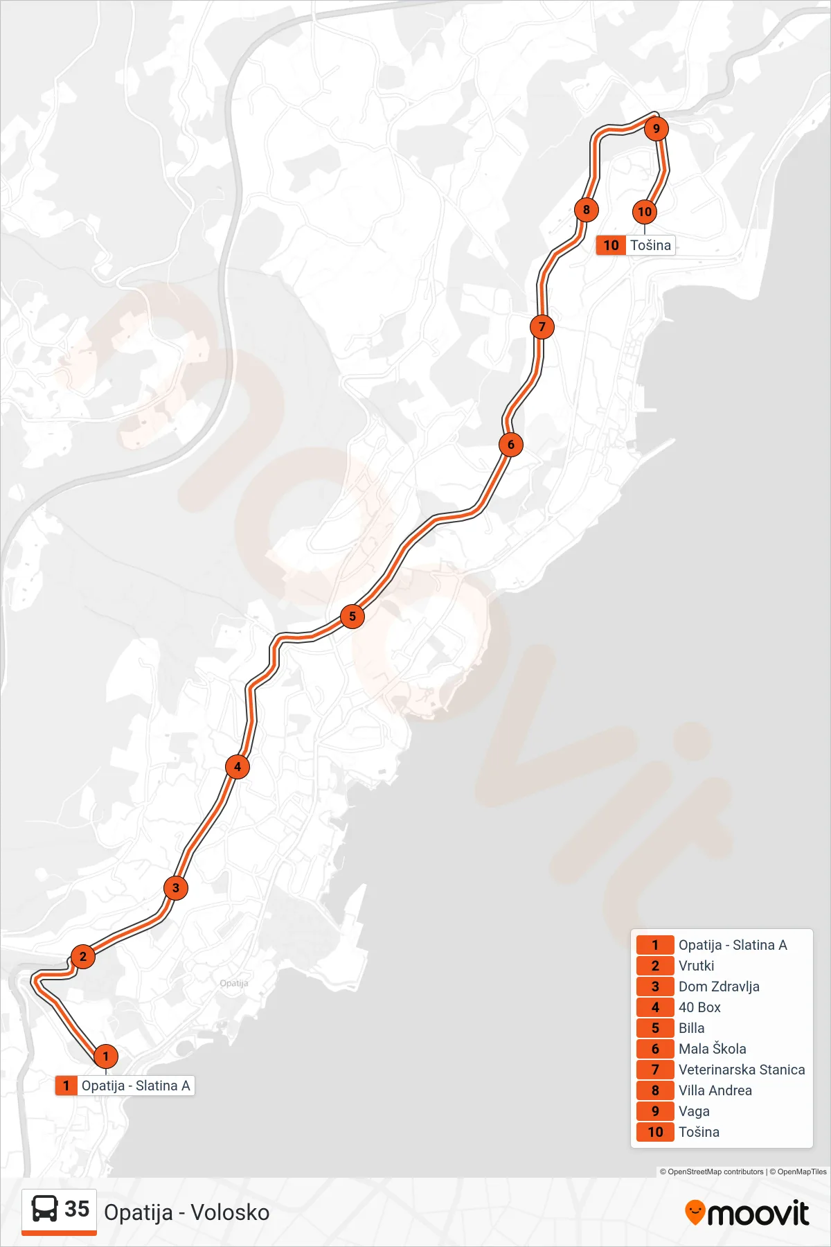 Linija 35 autobus, (Opatija - Volosko) – ruta i stanice na karti