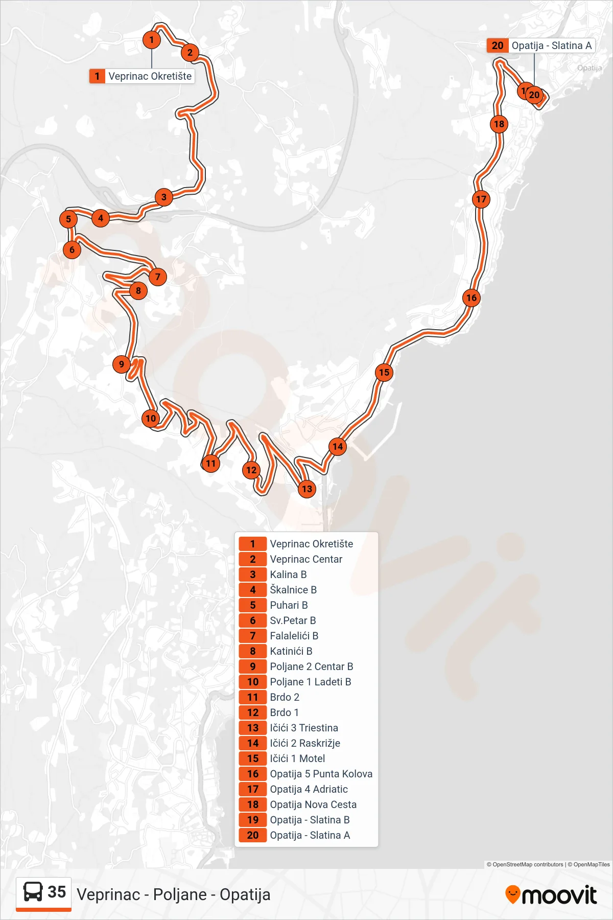 35 bus Line (Veprinac - Poljane - Opatija) route and stops on a map
