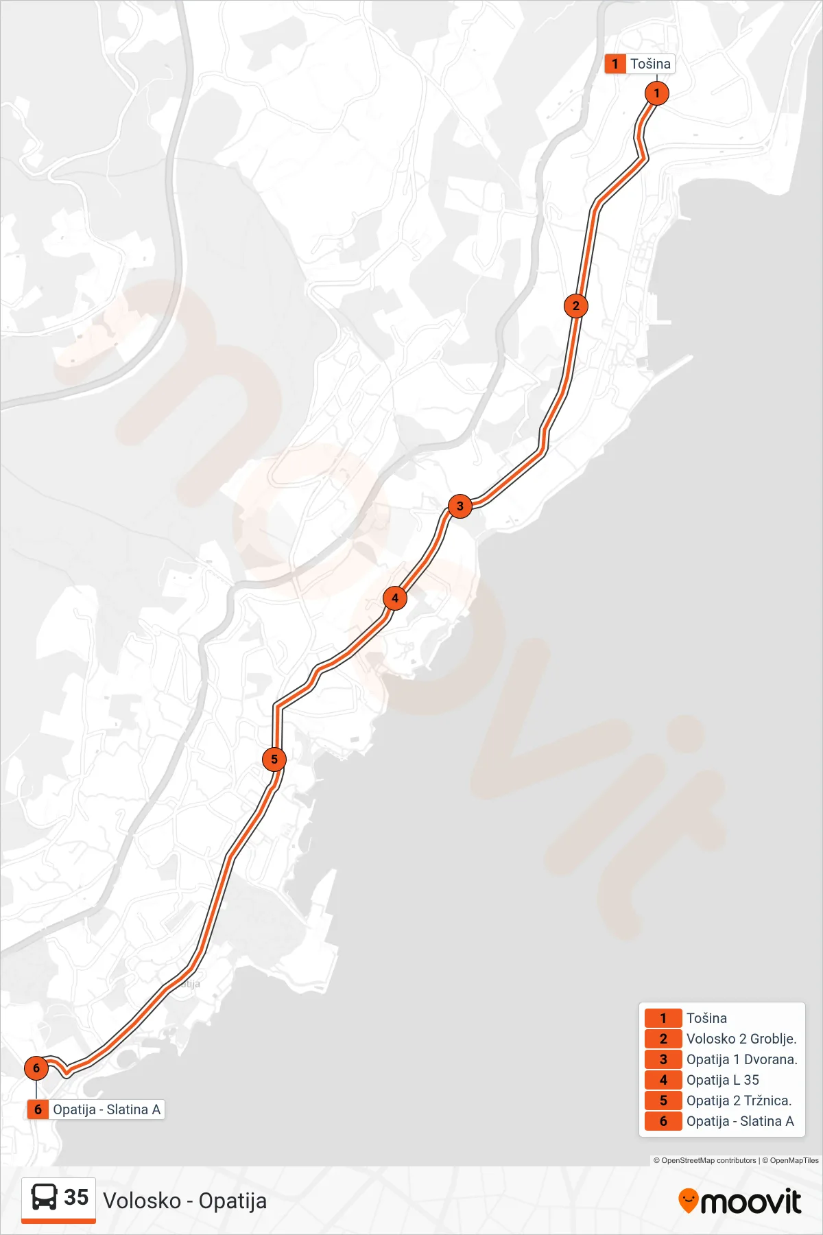 Linija 35 autobus, (Volosko - Opatija) – ruta i stanice na karti