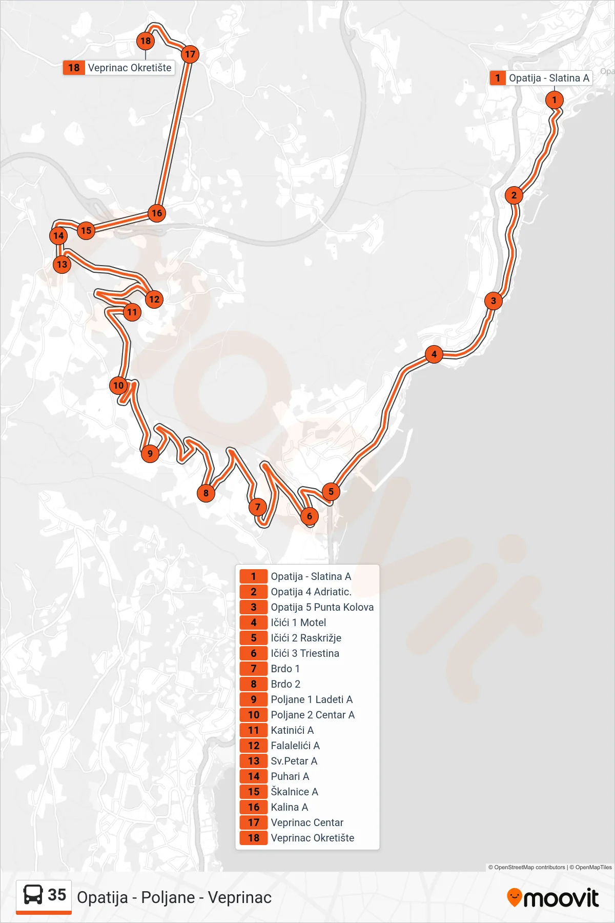 Linija 35 autobus, (Opatija - Poljane - Veprinac) – ruta i stanice na karti