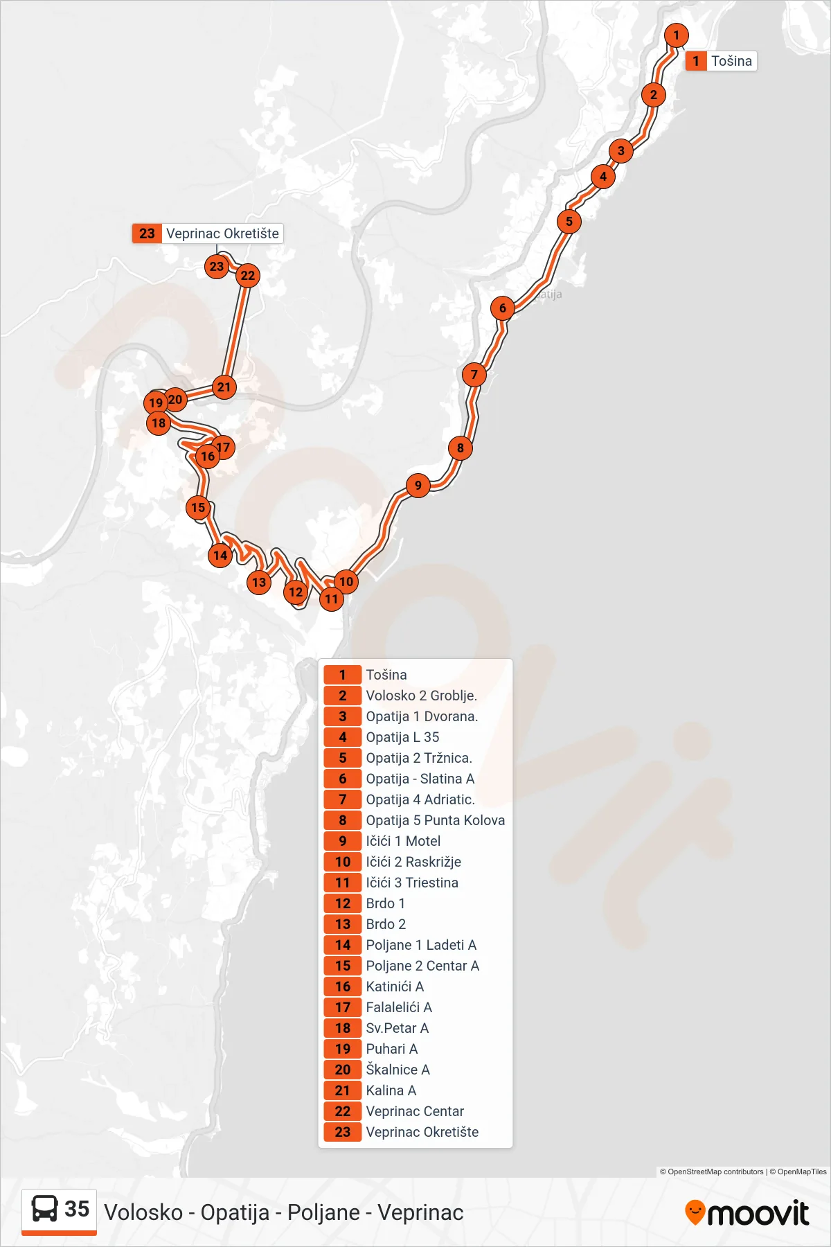 35 bus Line (Volosko - Opatija - Poljane - Veprinac) route and stops on a map