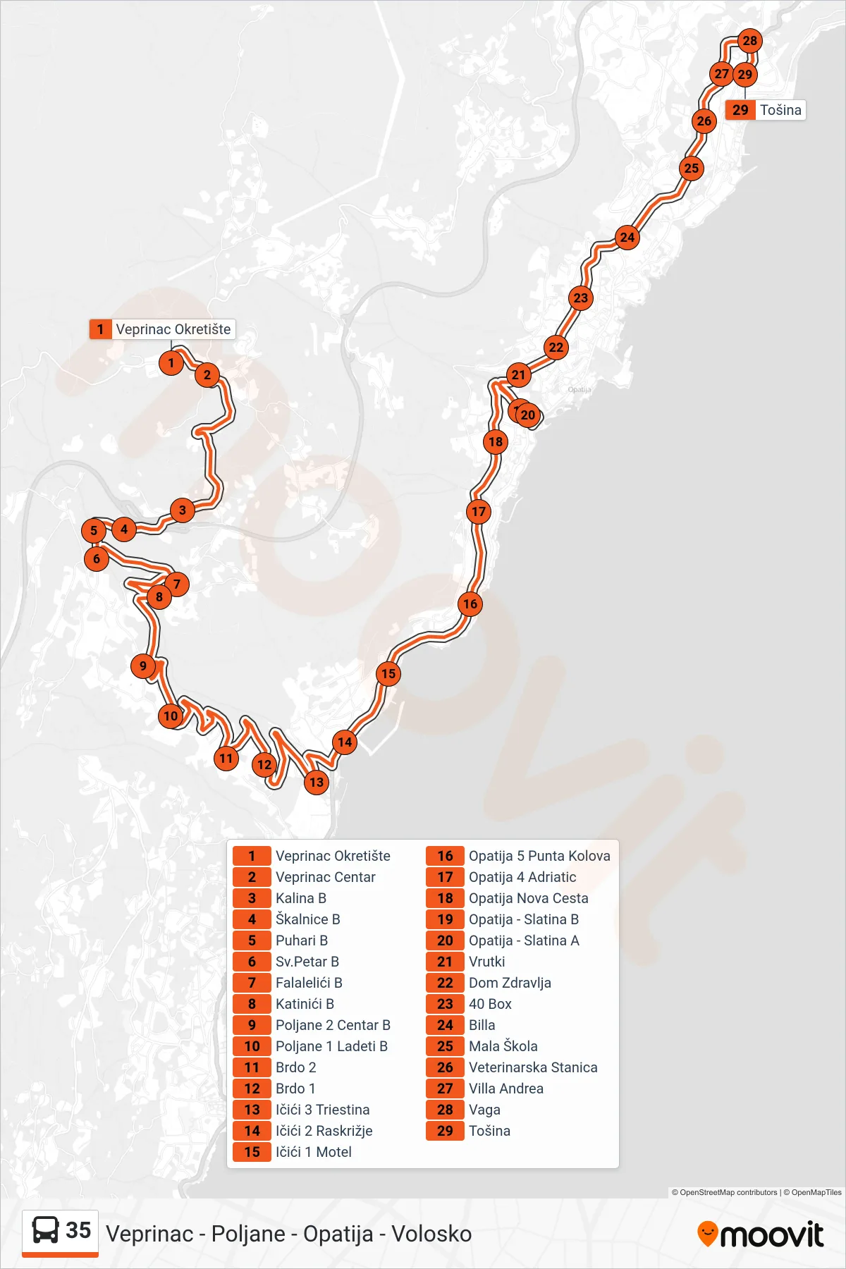 Linija 35 autobus, (Veprinac - Poljane - Opatija - Volosko) – ruta i stanice na karti
