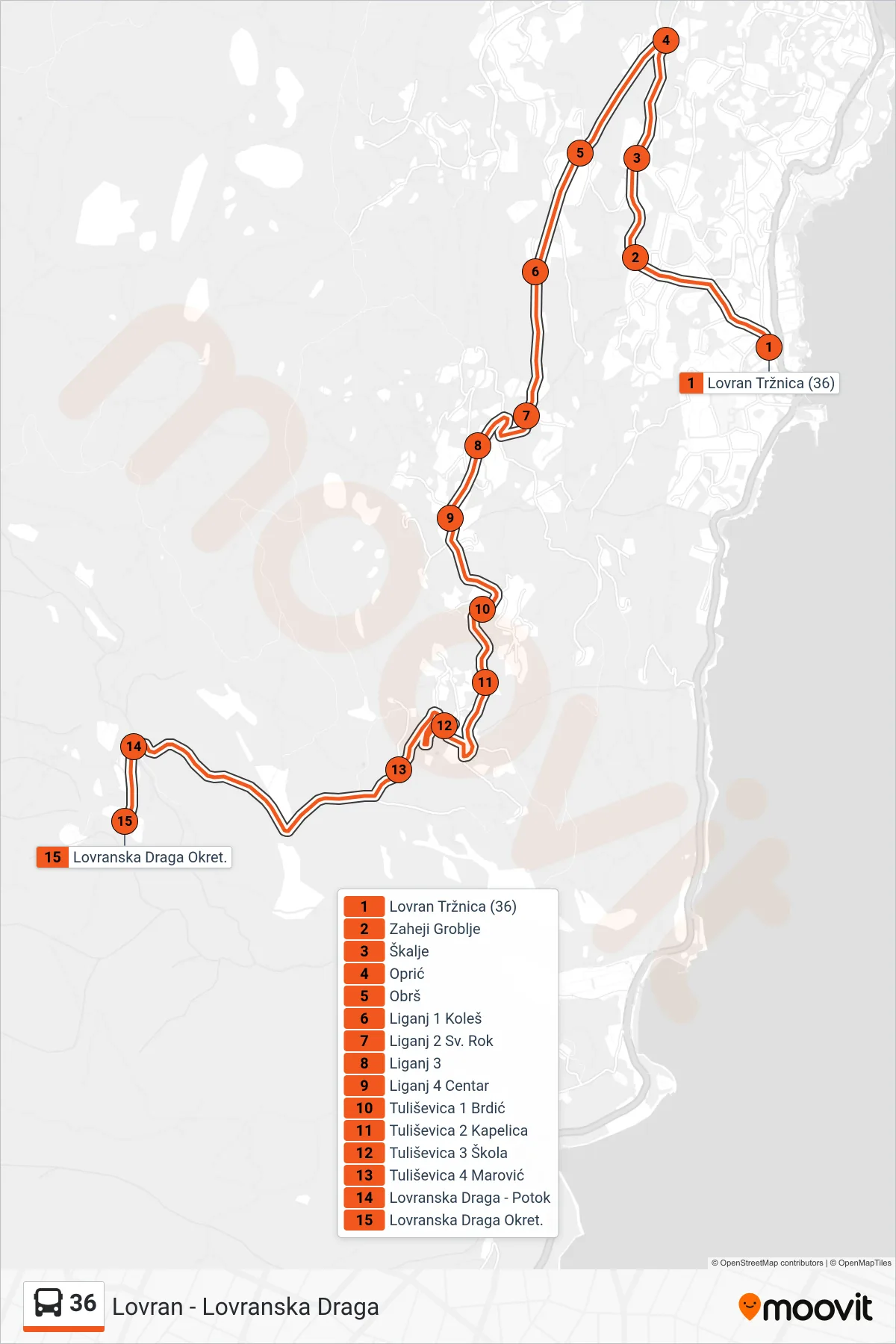 Linija 36 autobus, (Lovran - Lovranska Draga) – ruta i stanice na karti