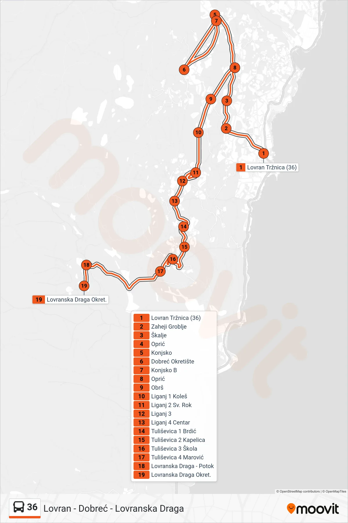 Linija 36 autobus, (Lovran - Dobreć - Lovranska Draga) – ruta i stanice na karti