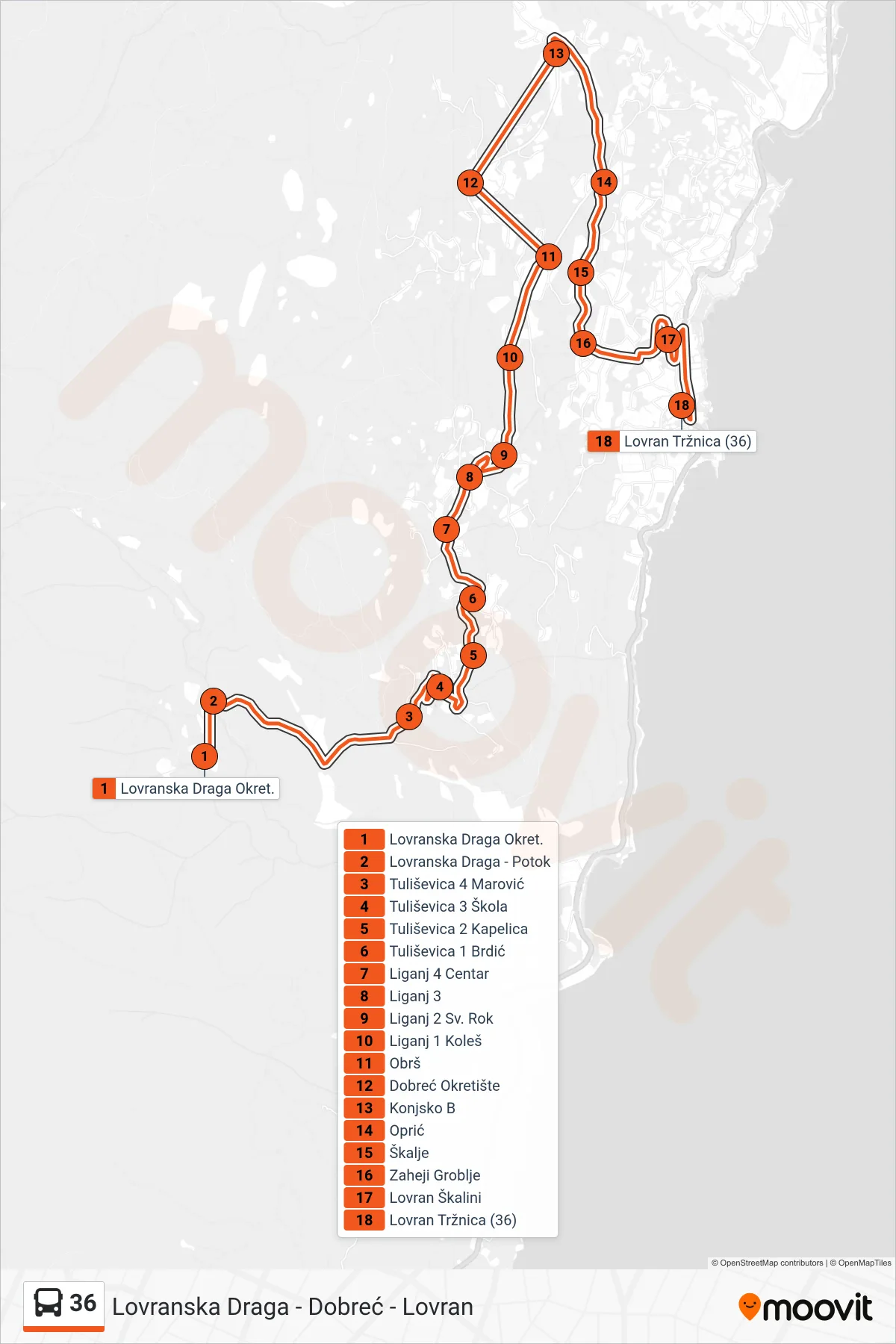 Linija 36 autobus, (Lovranska Draga - Dobreć - Lovran) – ruta i stanice na karti