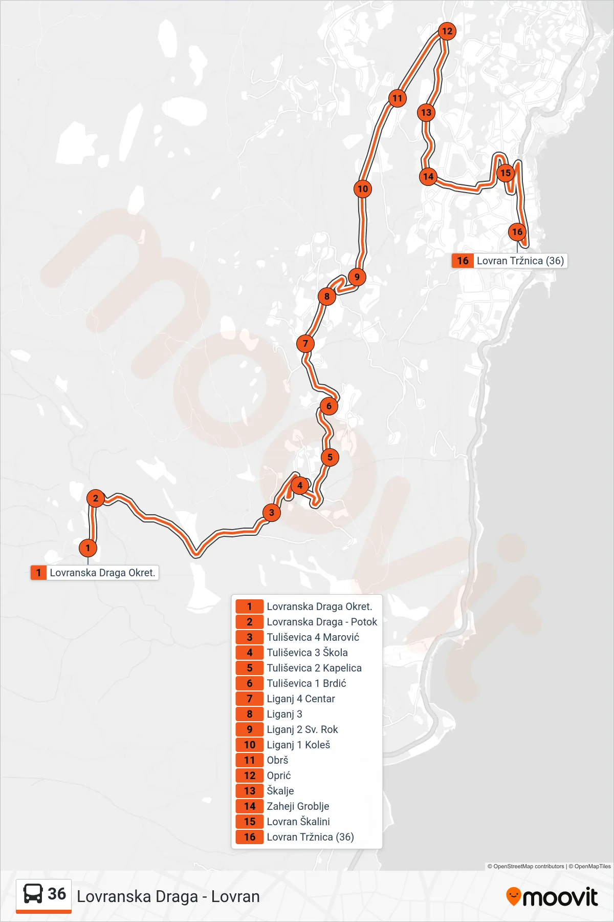 Linija 36 autobus, (Lovranska Draga - Lovran) – ruta i stanice na karti