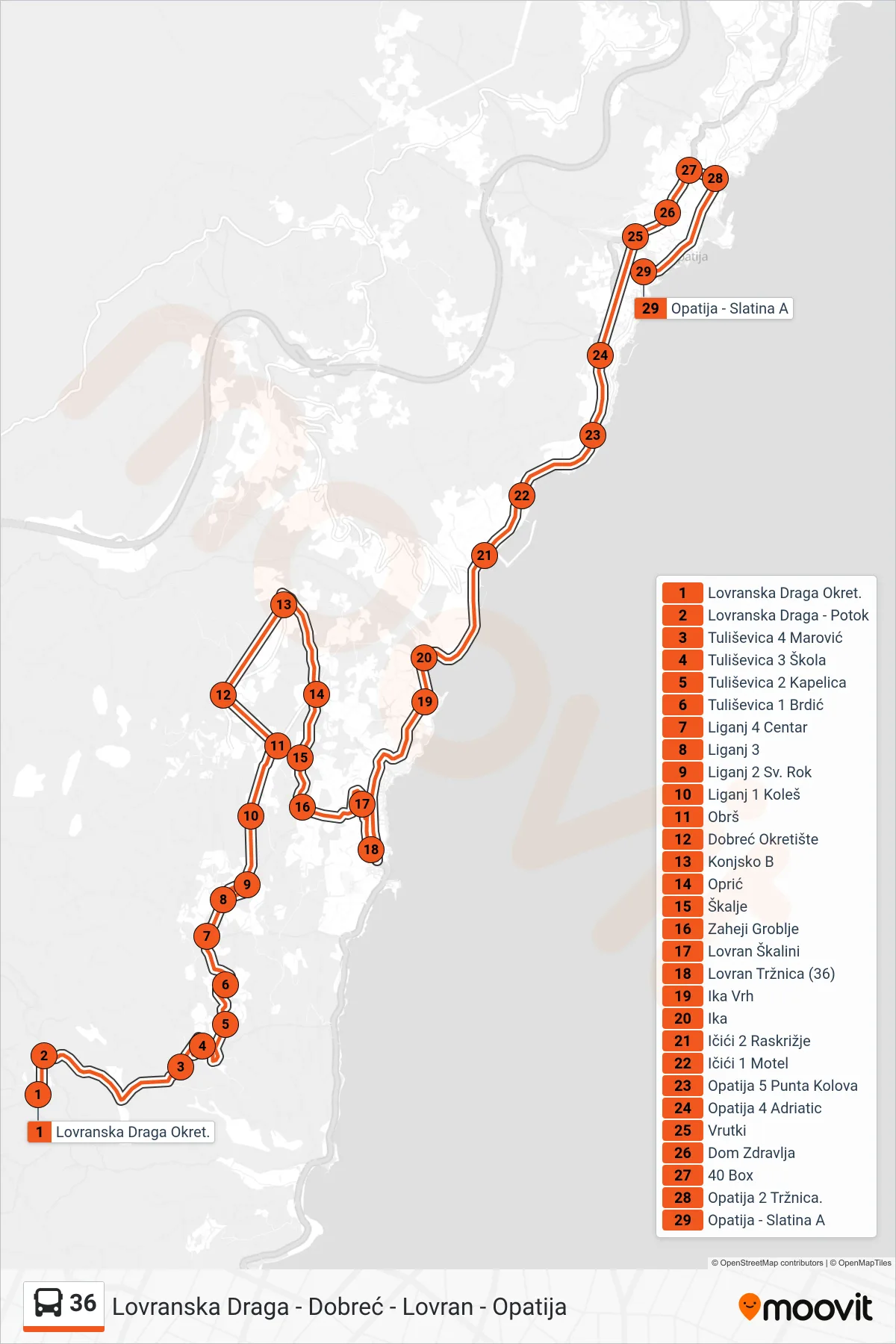 Linija 36 autobus, (Lovranska Draga - Dobreć - Lovran - Opatija) – ruta i stanice na karti