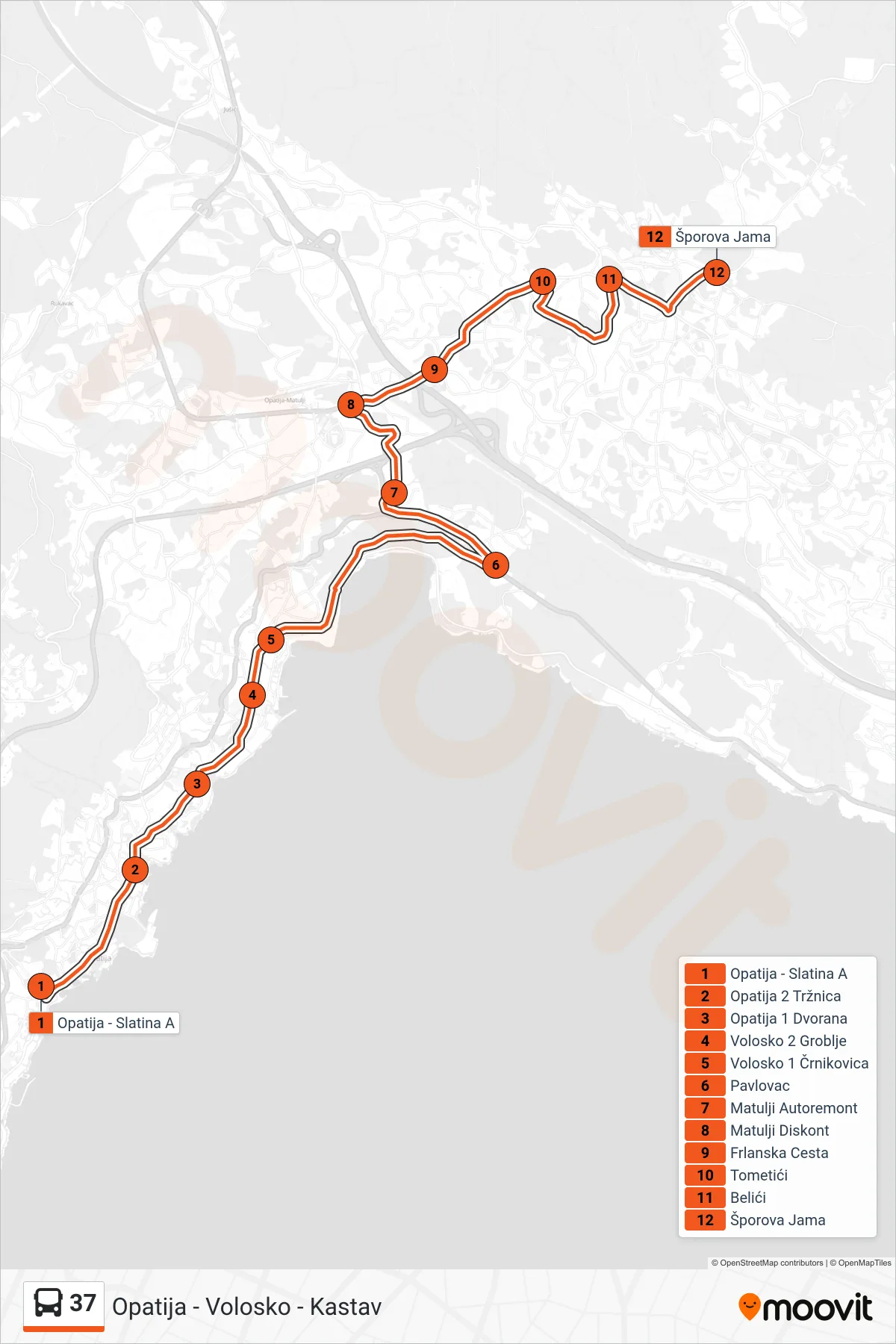 Linija 37 autobus, (Opatija - Volosko - Kastav) – ruta i stanice na karti