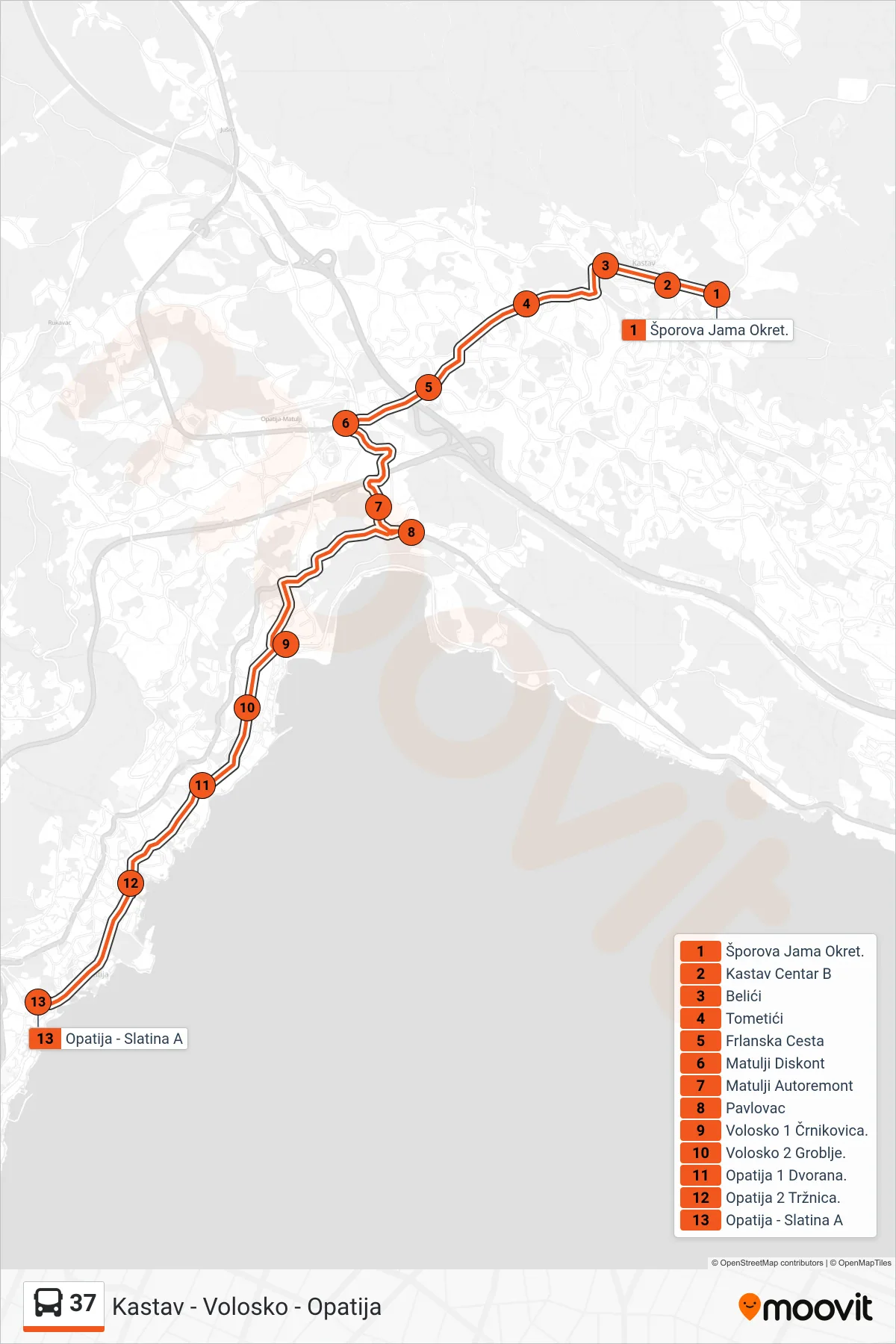 Linija 37 autobus, (Kastav - Volosko - Opatija) – ruta i stanice na karti