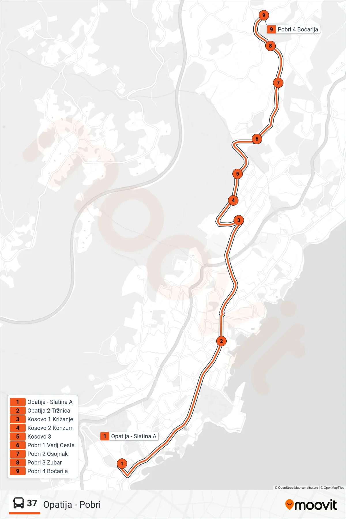 Linija 37 autobus, (Opatija - Pobri) – ruta i stanice na karti