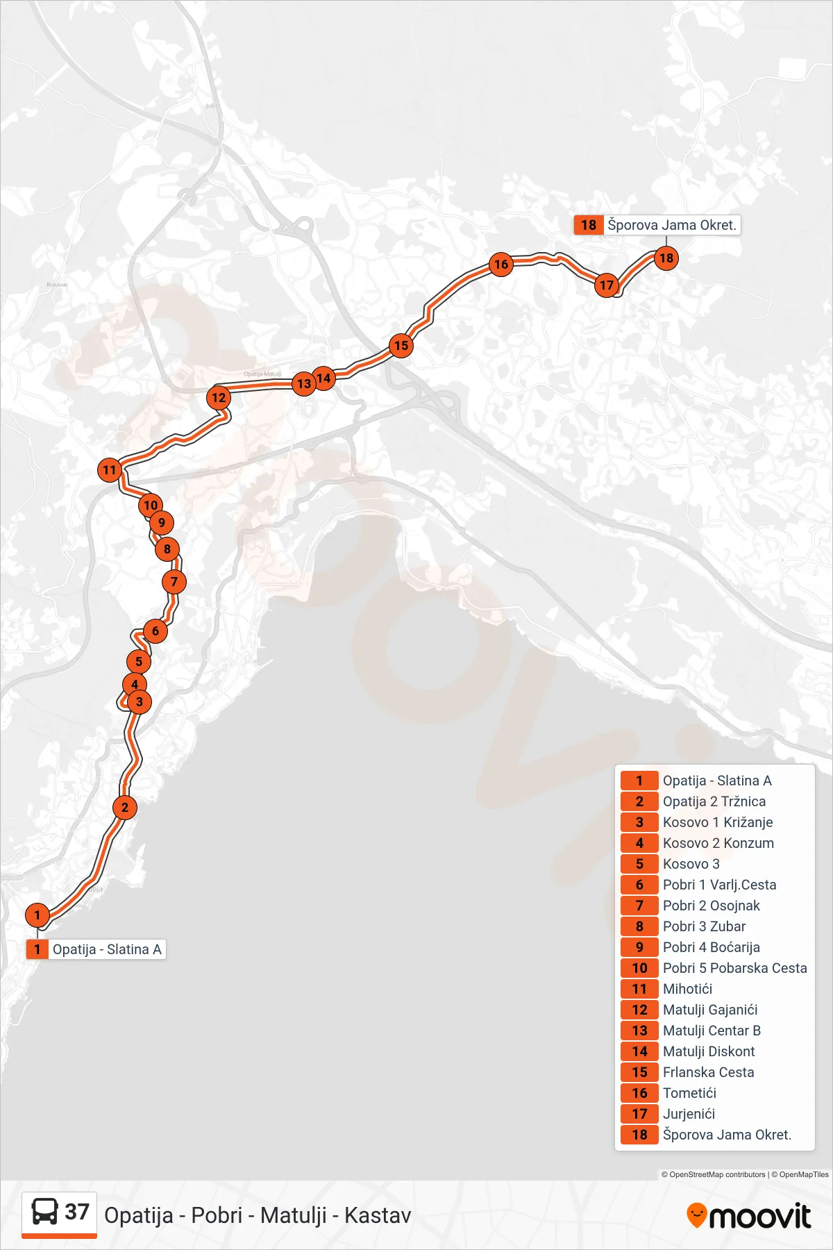 Linija 37 autobus, (Opatija - Pobri - Matulji - Kastav) – ruta i stanice na karti