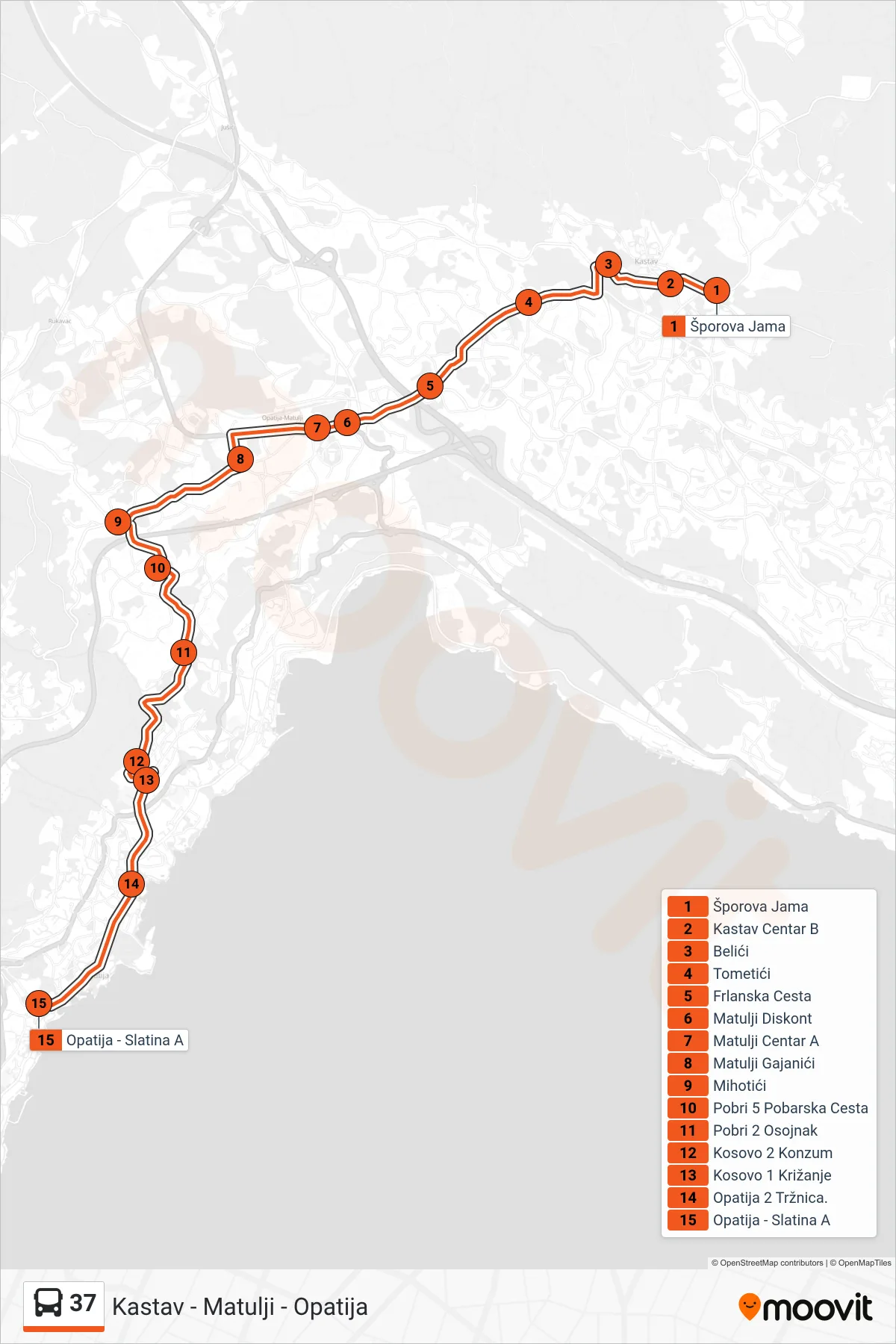 Linija 37 autobus, (Kastav - Matulji - Opatija) – ruta i stanice na karti