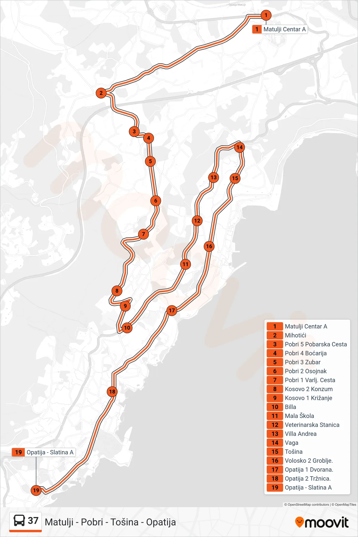 37 bus Line (Matulji - Pobri - Tošina - Opatija) route and stops on a map