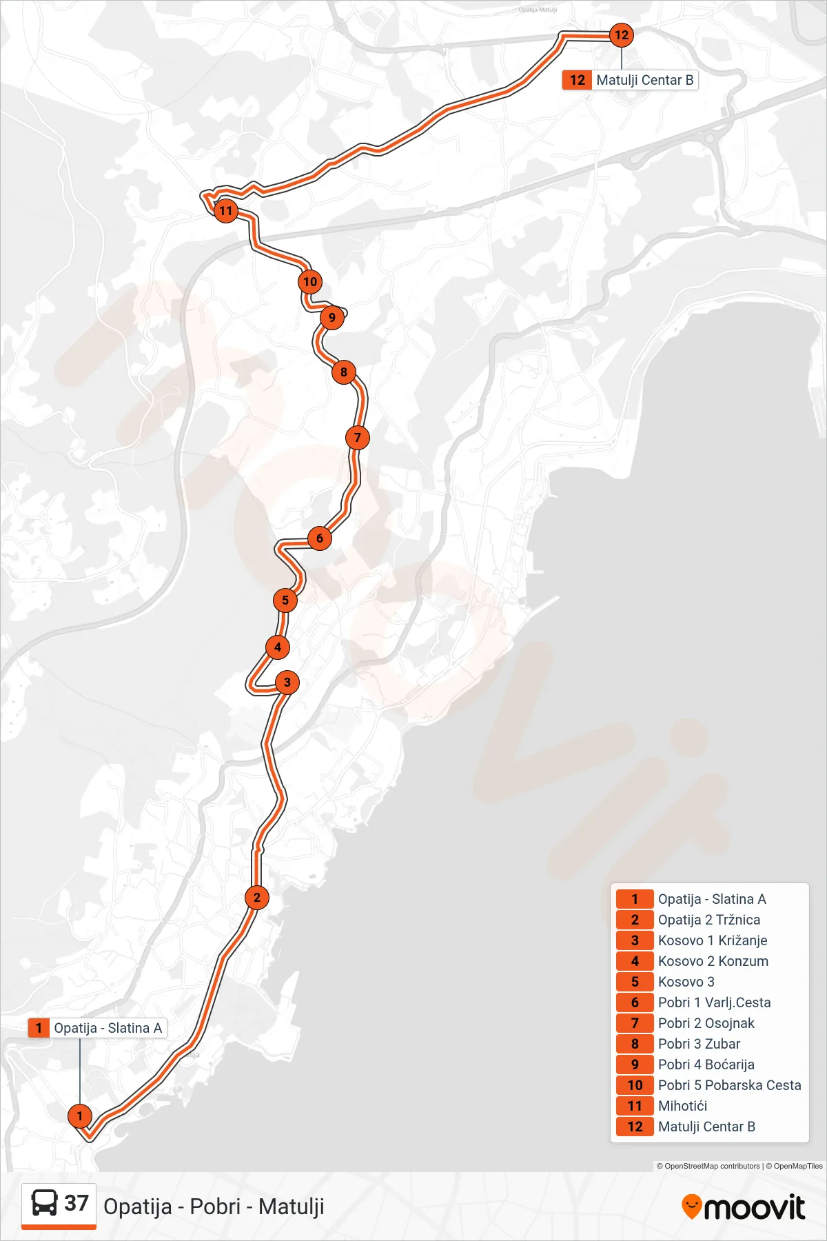 Linija 37 autobus, (Opatija - Pobri - Matulji) – ruta i stanice na karti