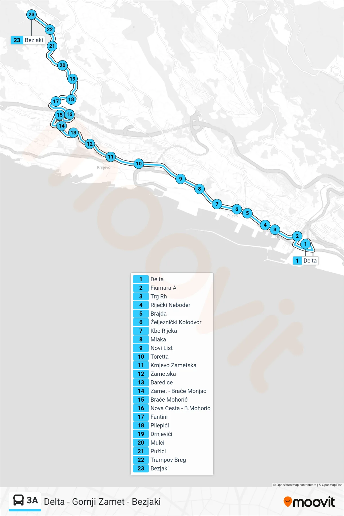 3A bus Line (Delta - Gornji Zamet - Bezjaki) route and stops on a map
