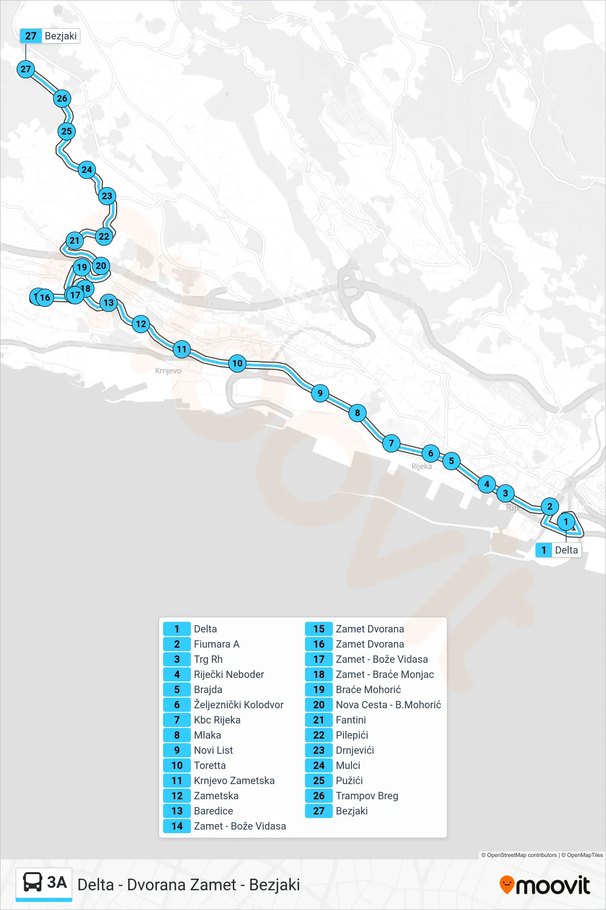 Linija 3A autobus, (Delta - Dvorana Zamet - Bezjaki) – ruta i stanice na karti