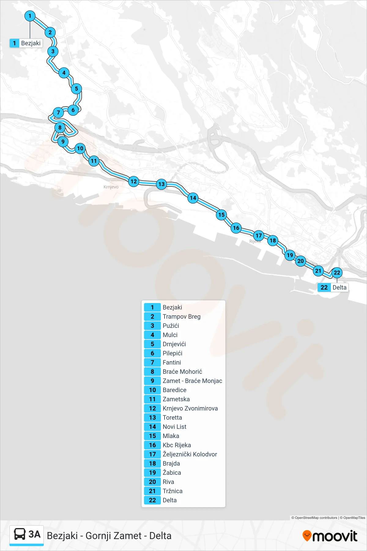 Linija 3A autobus, (Bezjaki - Gornji Zamet - Delta) – ruta i stanice na karti