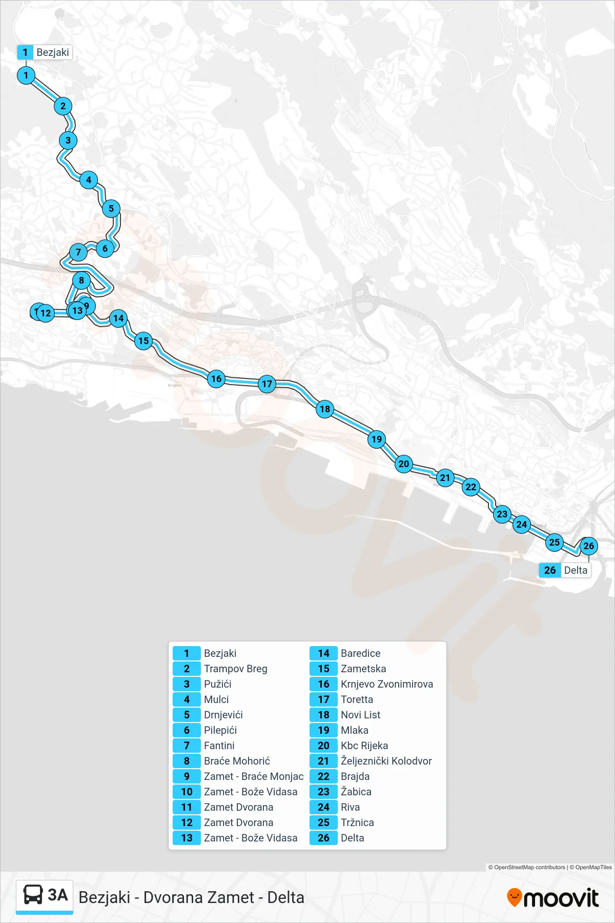 Linija 3A autobus, (Bezjaki - Dvorana Zamet - Delta) – ruta i stanice na karti