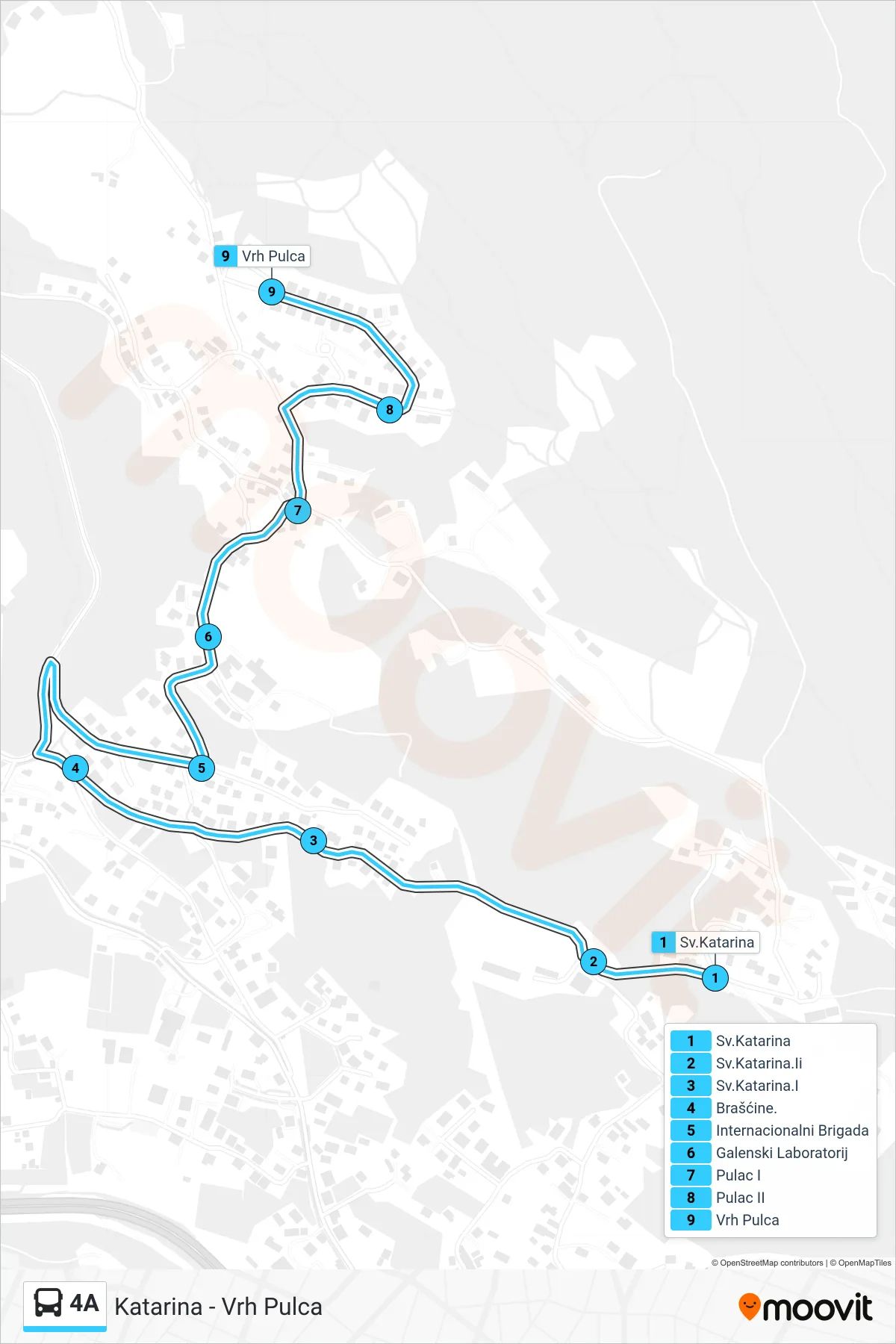 Linija 4A autobus, (Katarina - Vrh Pulca) – ruta i stanice na karti