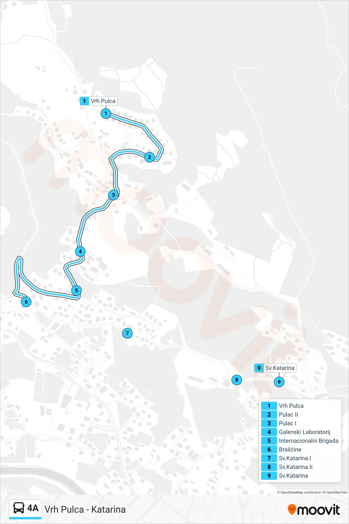 4A bus Line (Vrh Pulca - Katarina) route and stops on a map