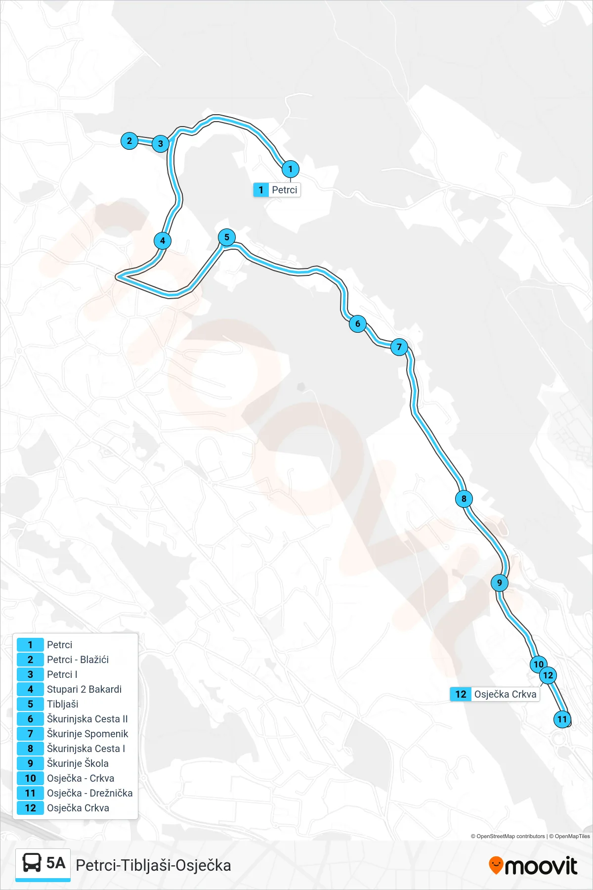 Linija 5A autobus, (Petrci-Tibljaši-Osječka) – ruta i stanice na karti