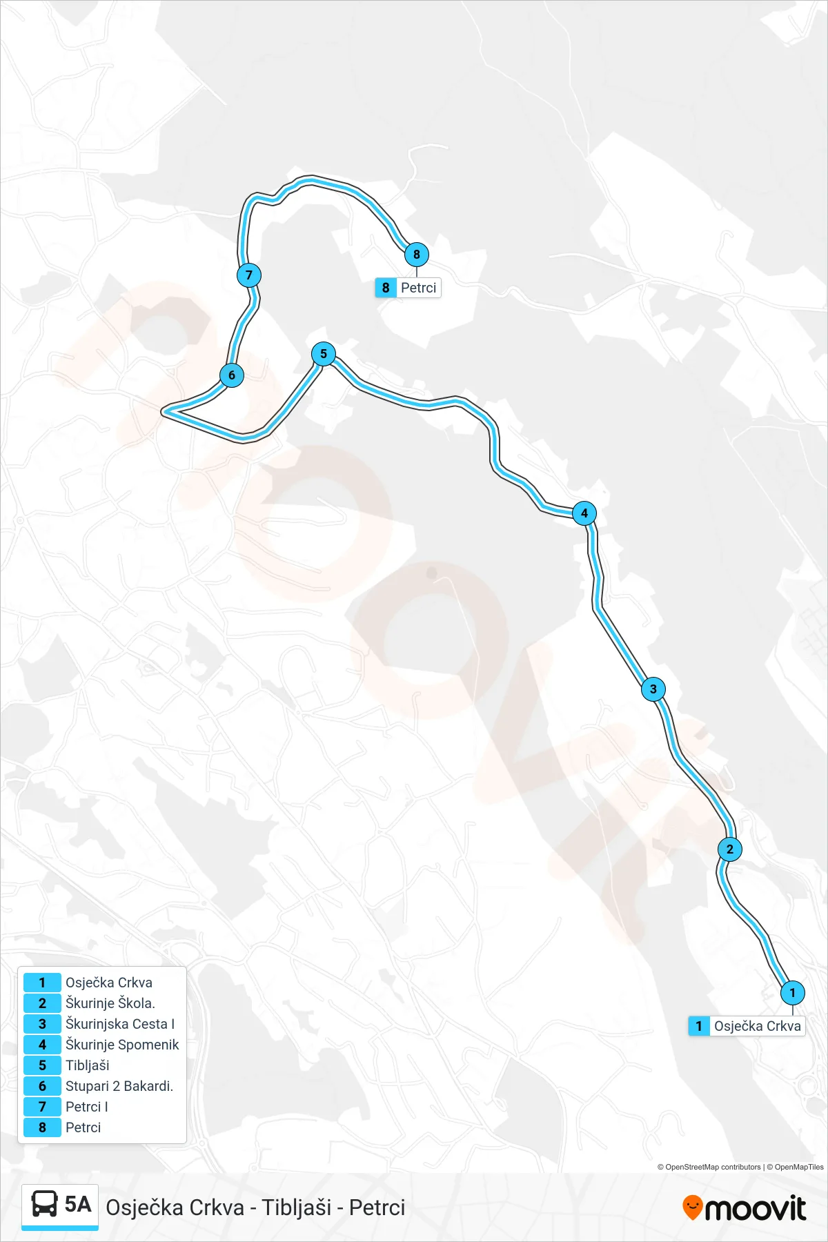 Linija 5A autobus, (Osječka Crkva - Tibljaši - Petrci) – ruta i stanice na karti