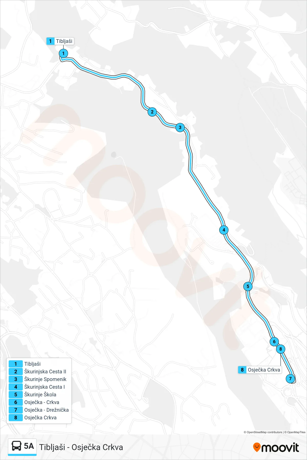 5A bus Line (Tibljaši - Osječka Crkva) route and stops on a map