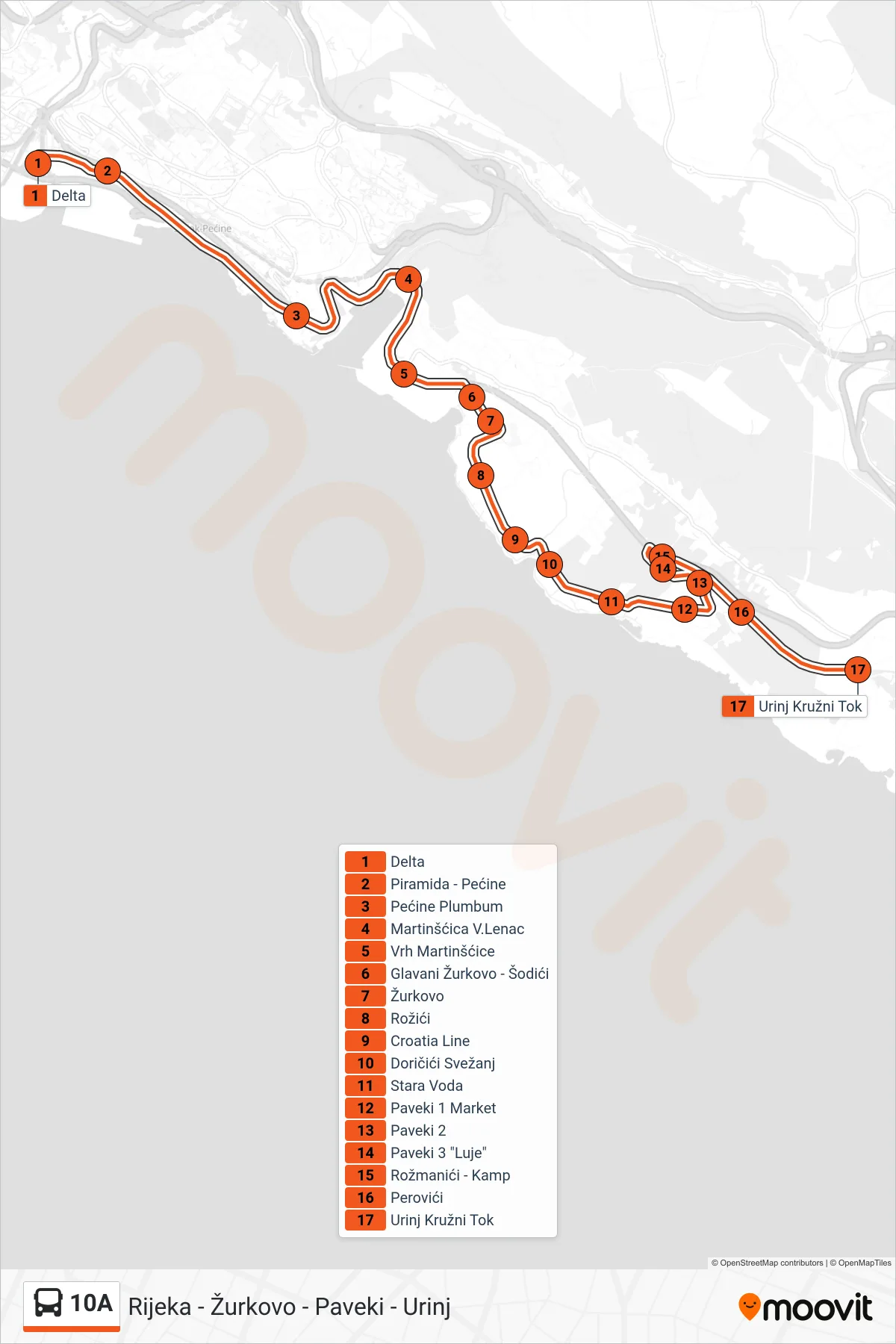 10A bus Line (Rijeka - Žurkovo - Paveki - Urinj) route and stops on a map