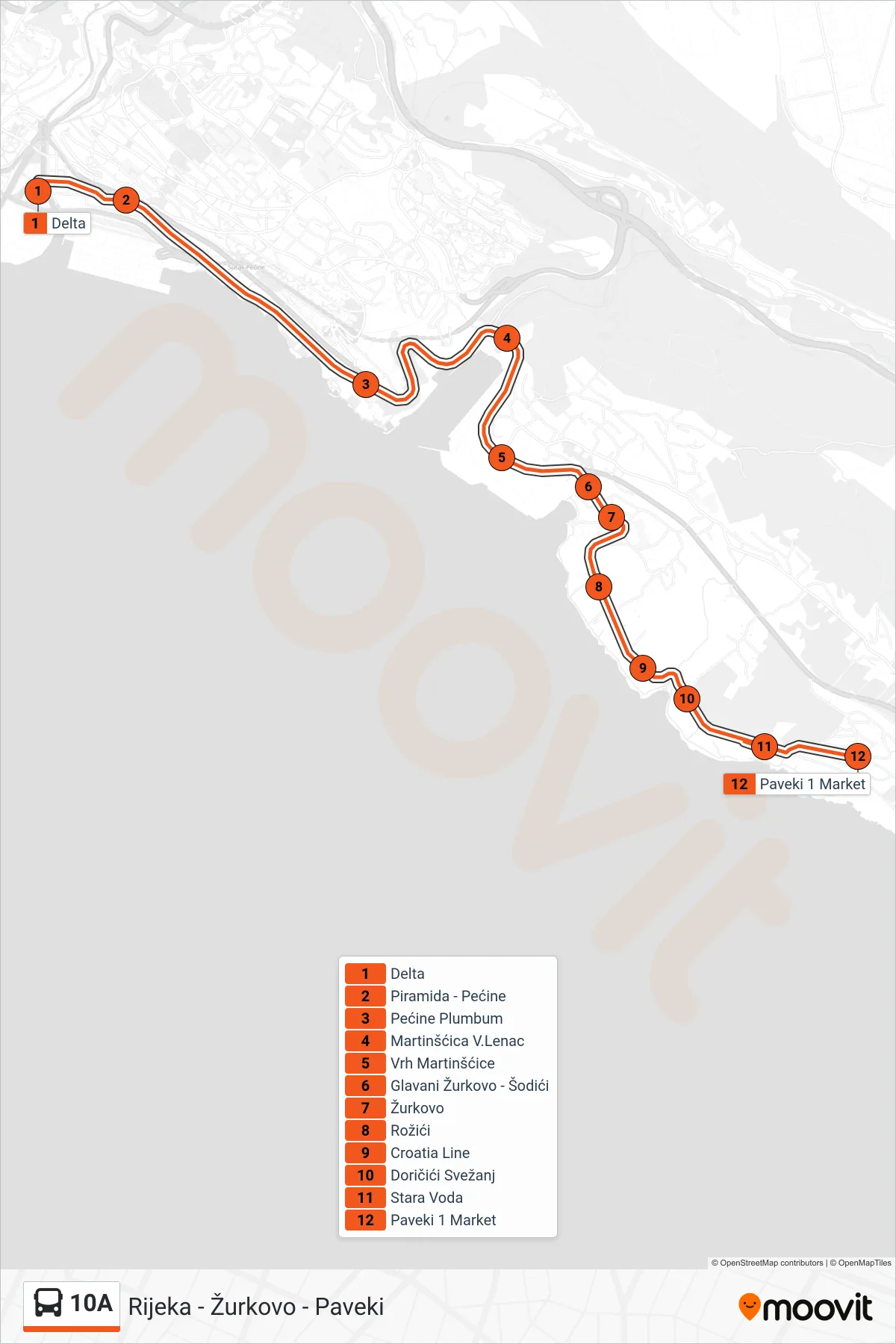 10A bus Line (Rijeka - Žurkovo - Paveki) route and stops on a map