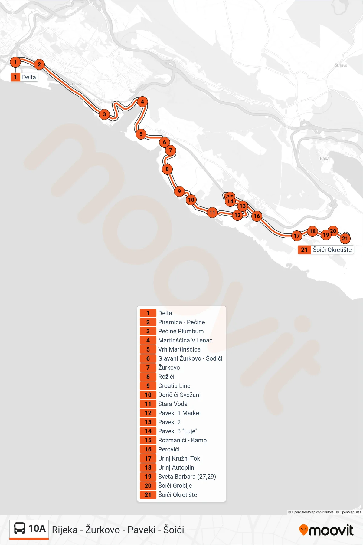 10A bus Line (Rijeka - Žurkovo - Paveki - Šoići) route and stops on a map