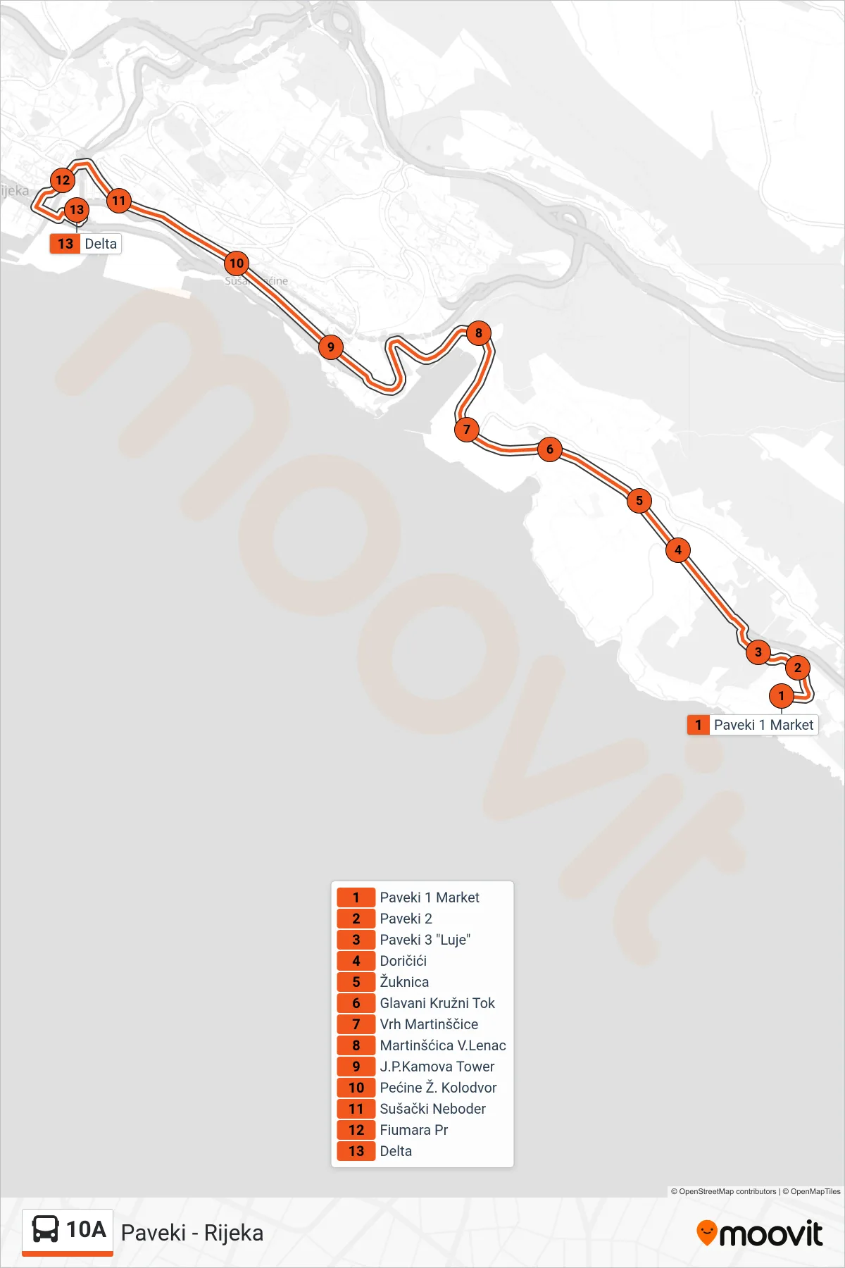 Linija 10A autobus, (Paveki - Rijeka) – ruta i stanice na karti
