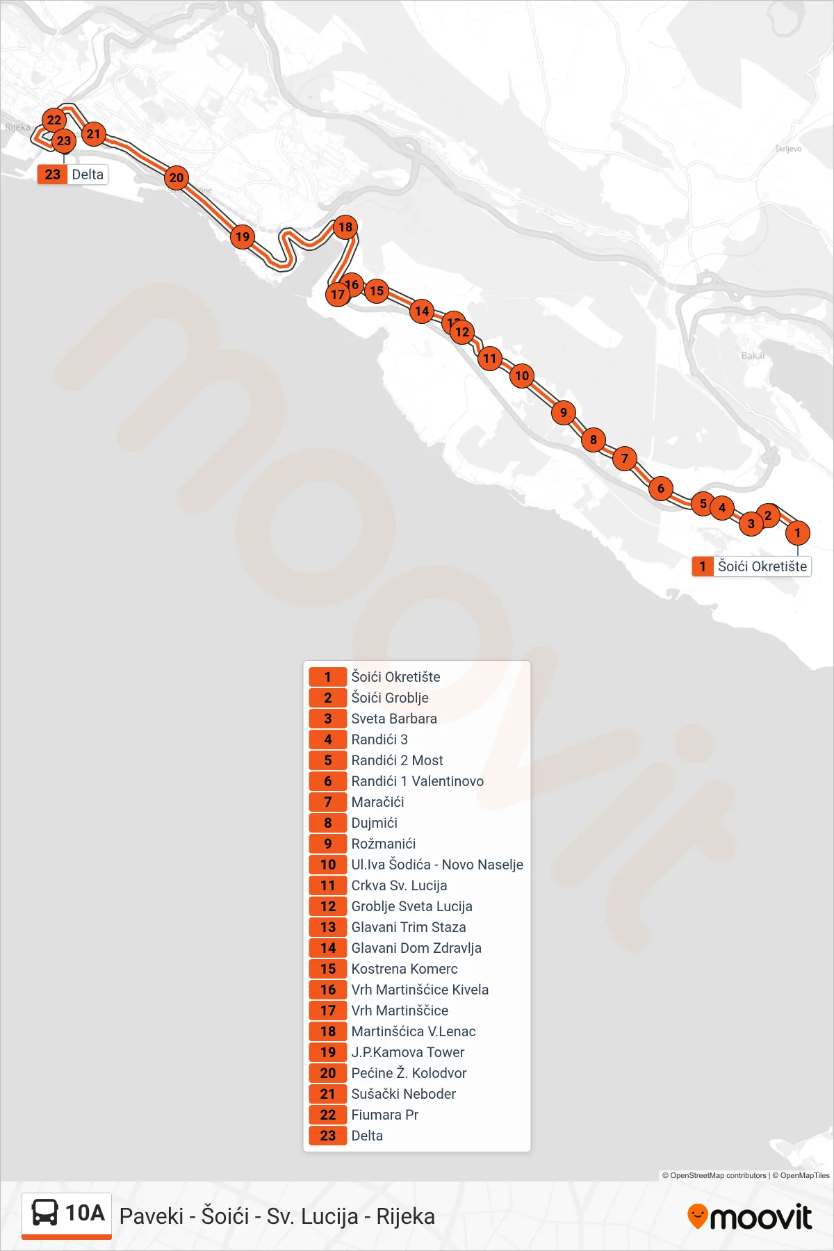 Linija 10A autobus, (Paveki - Šoići - Sv. Lucija - Rijeka) – ruta i stanice na karti