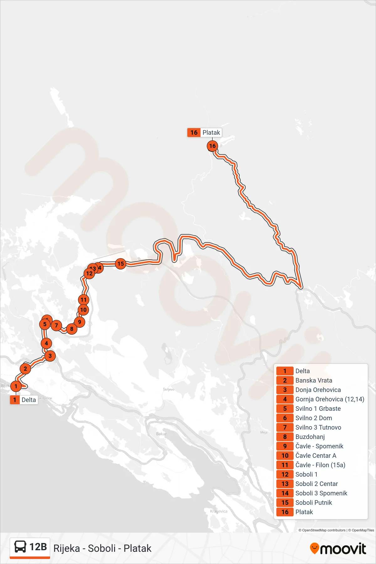 Linija 12B autobus, (Rijeka - Soboli - Platak) – ruta i stanice na karti