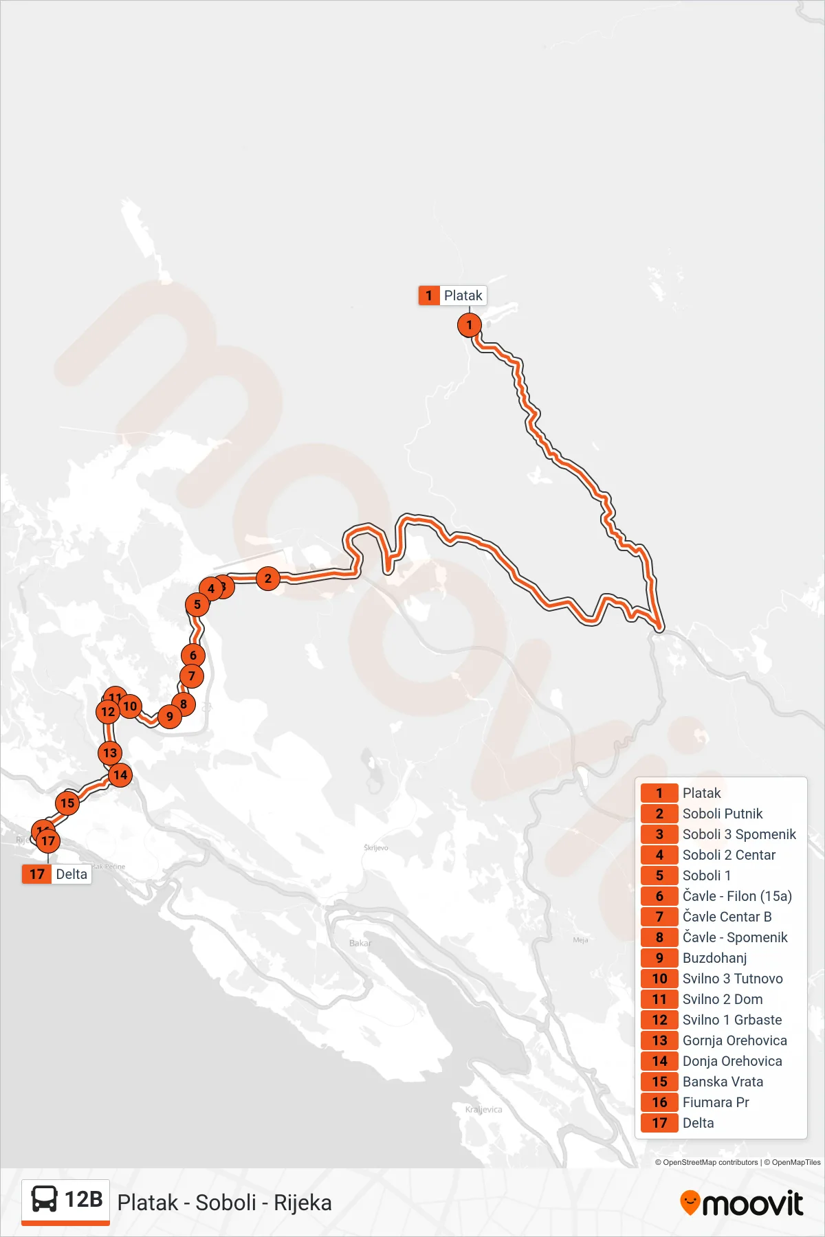 Linija 12B autobus, (Platak - Soboli - Rijeka) – ruta i stanice na karti