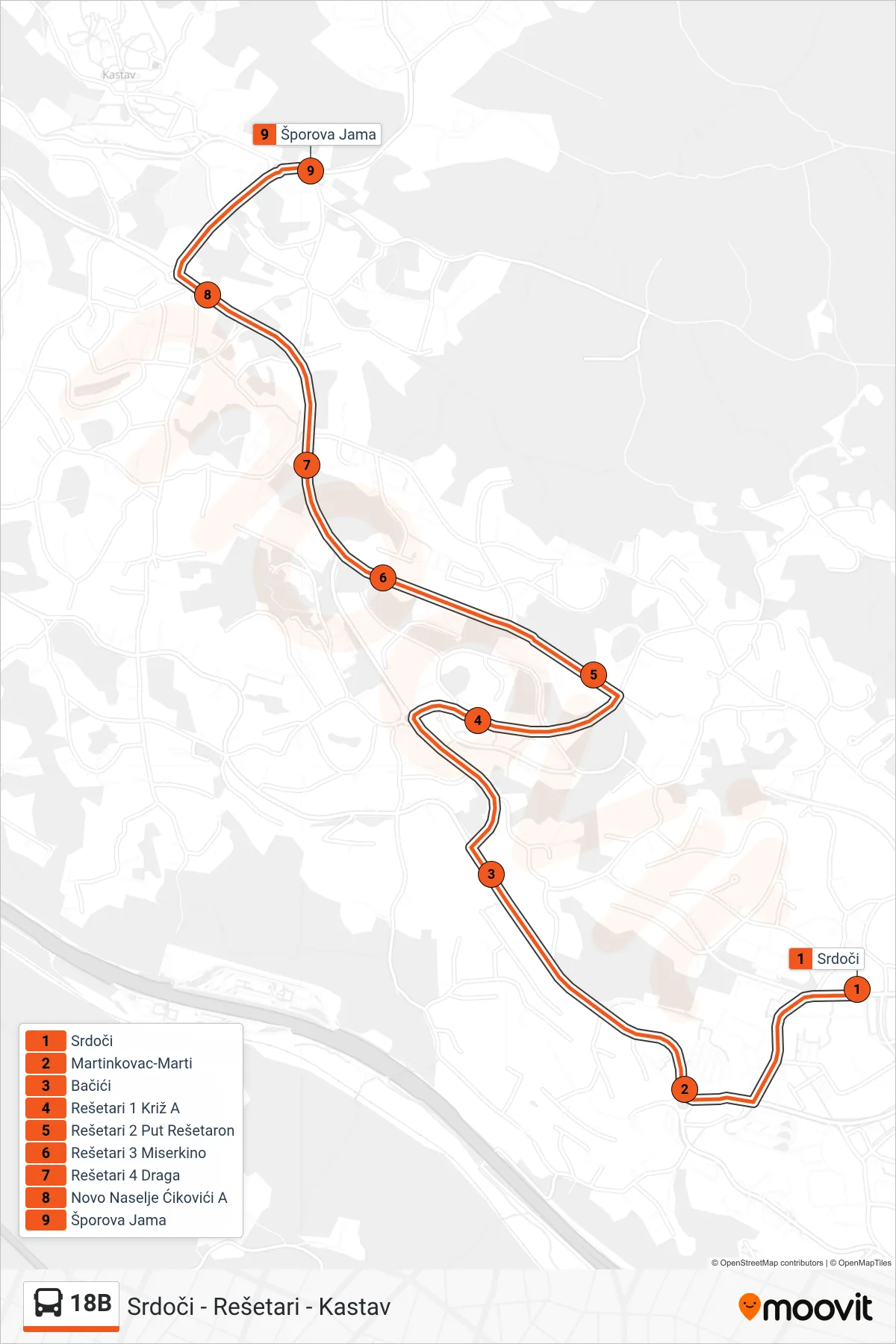 Linija 18B autobus, (Srdoči - Rešetari - Kastav) – ruta i stanice na karti